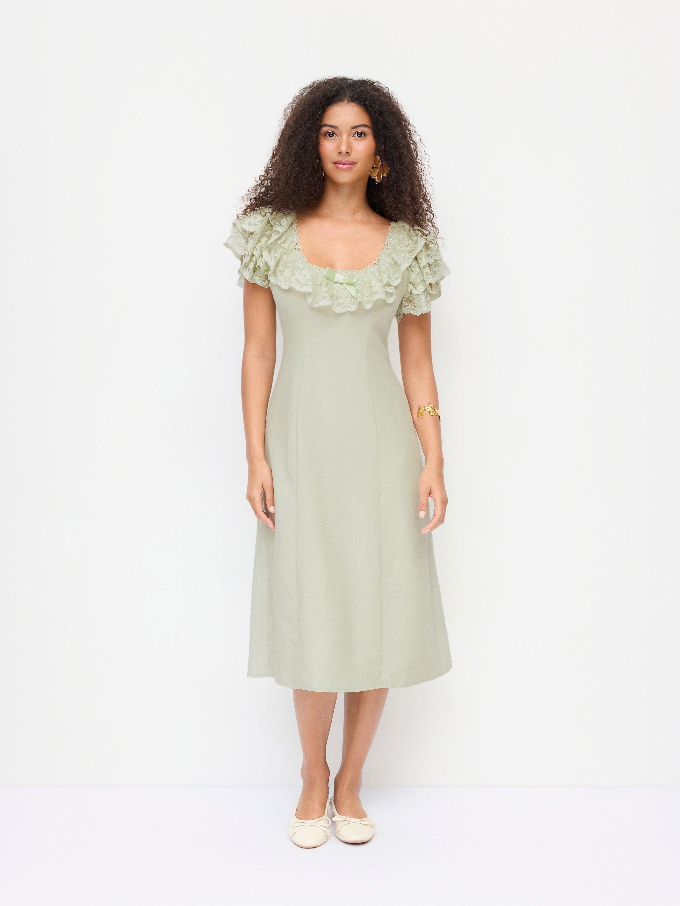 Linen-blend Scoop Neck Puff Sleeve Lace Bowknot A-line Midi Dress by CIDER