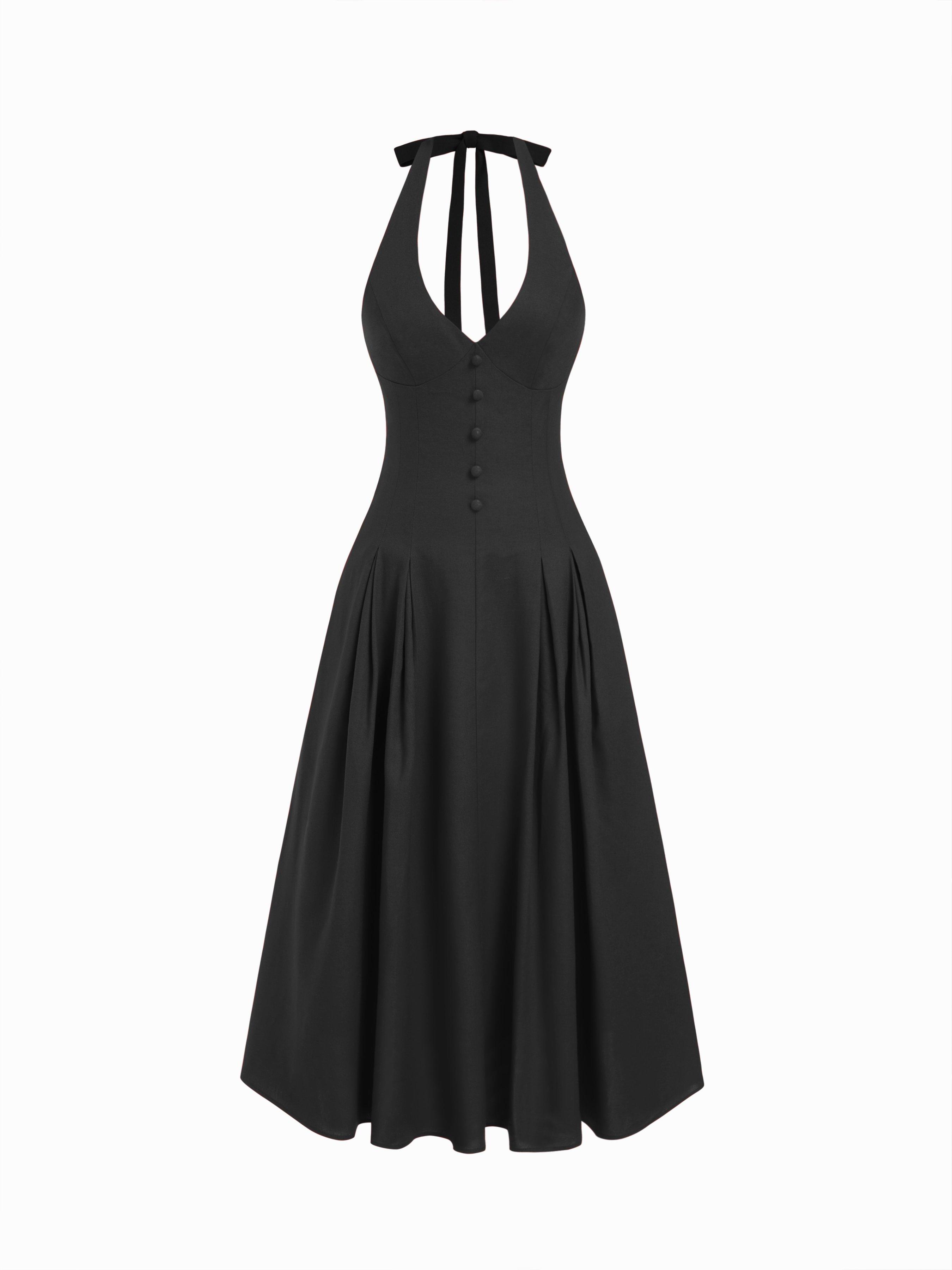 Linen-blend Sculptural High Rise V-neck Halter Neckline Flared Maxi Dress by CIDER