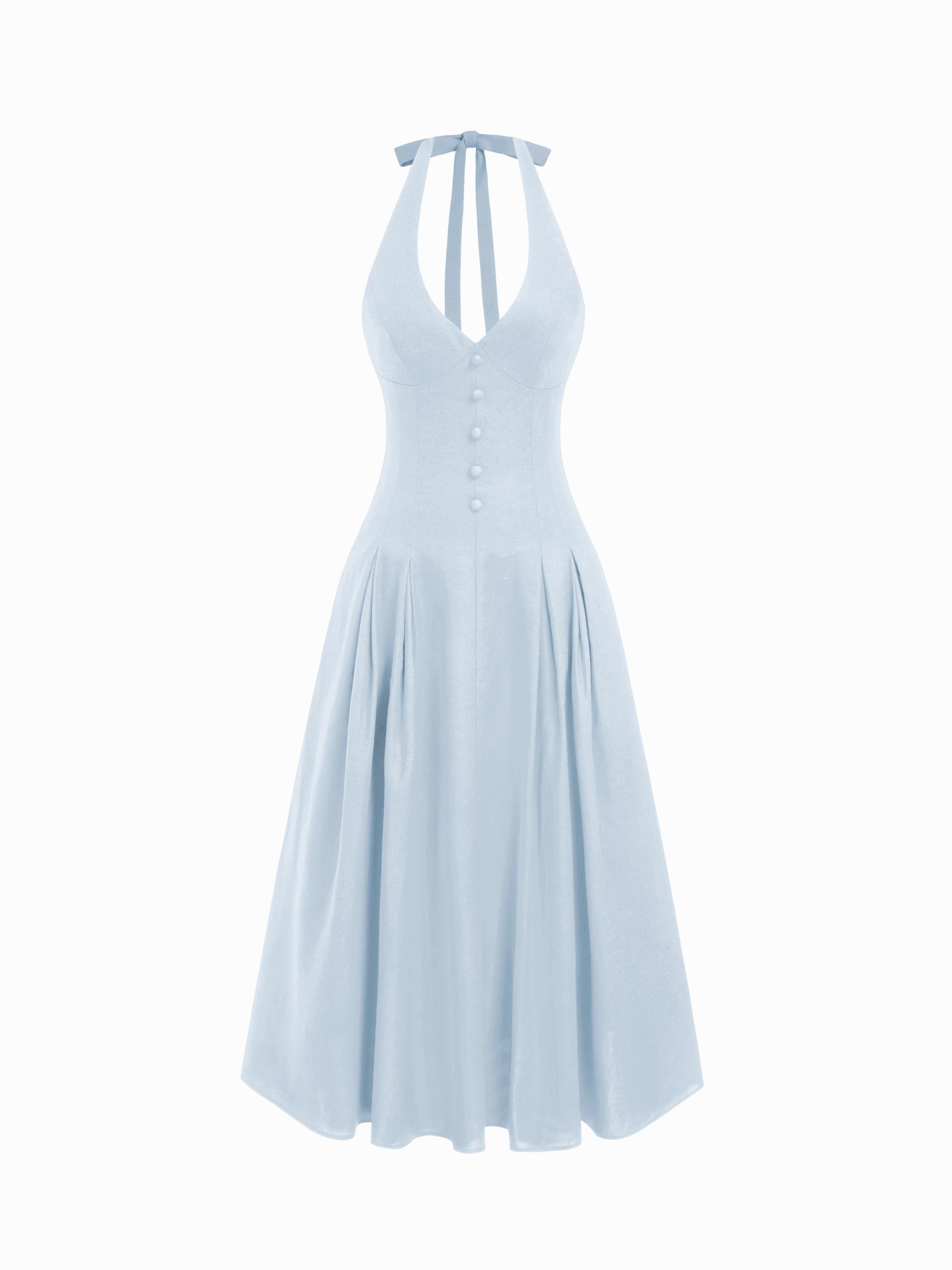 Linen-blend Sculptural High Rise V-neck Halter Neckline Flared Maxi Dress by CIDER