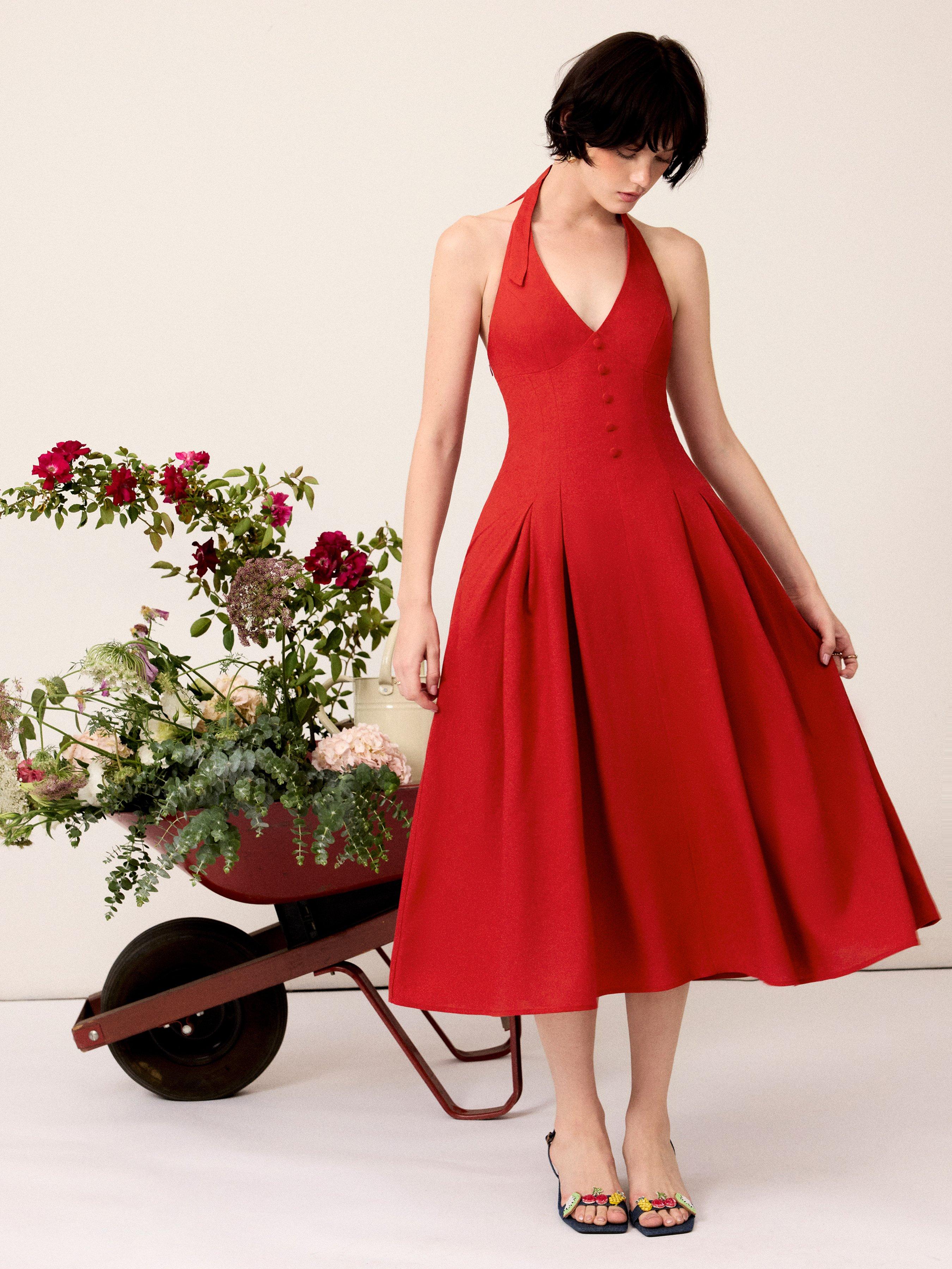 Linen-blend Sculptural High Rise V-neck Halter Neckline Flared Maxi Dress by CIDER