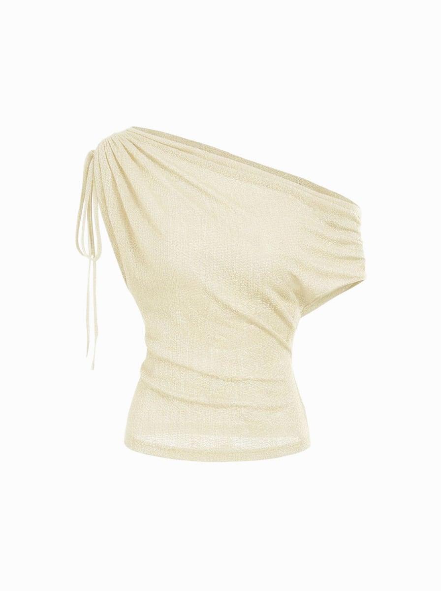 Linen-blend See-Through Off-shoulder Drawstring Top by CIDER