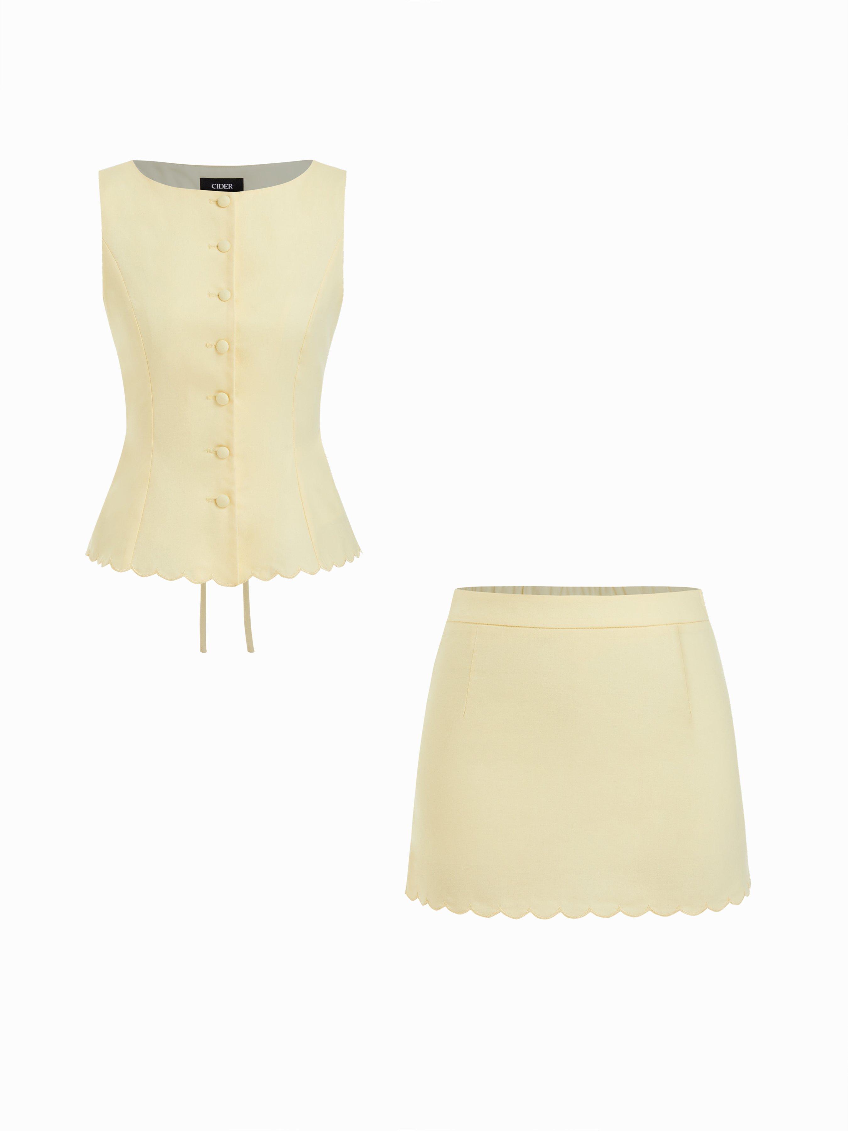 Linen-blend Sleeveless Curved Hem knotted Top & A-line Mini Skirt Set by CIDER