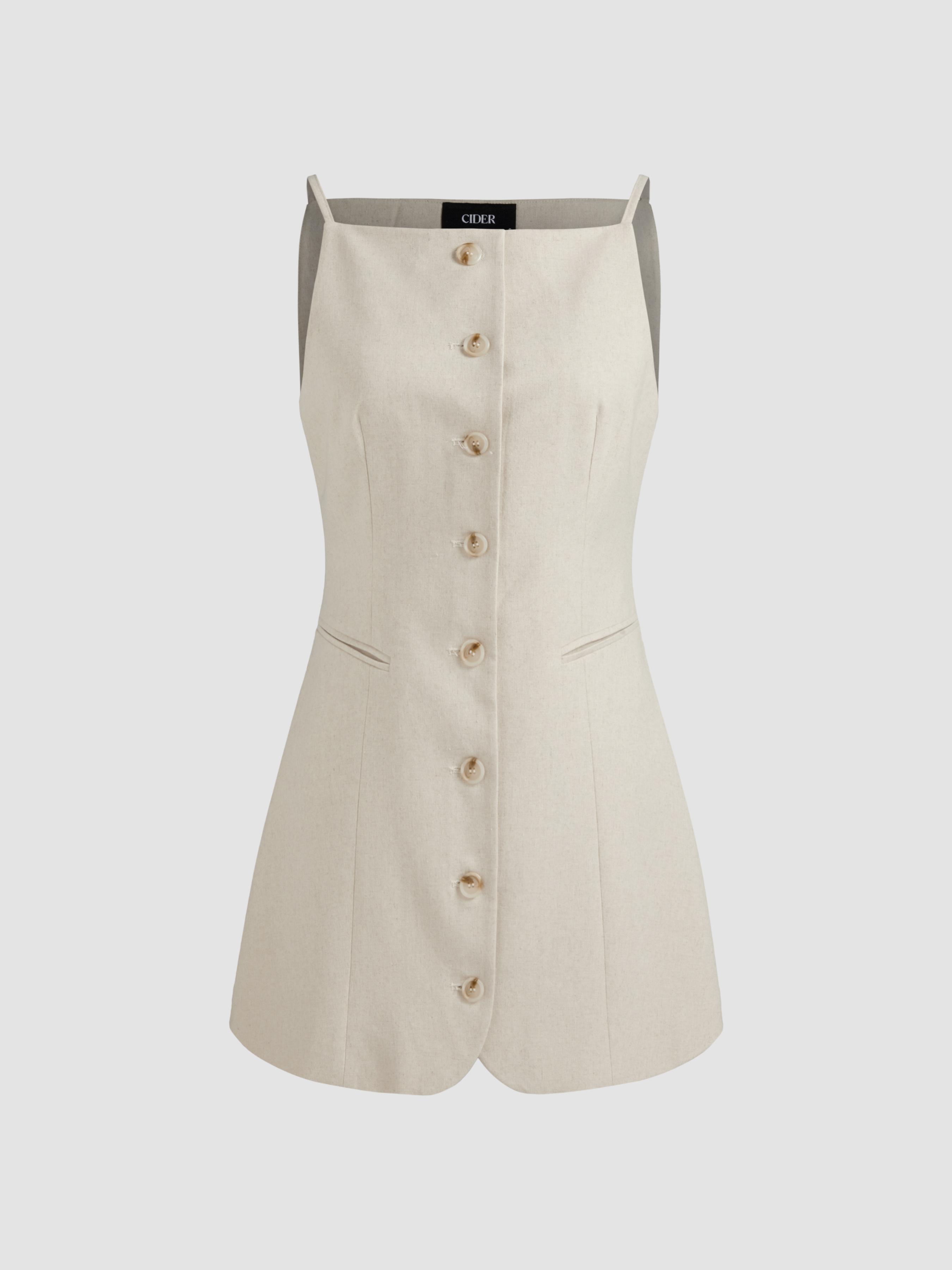 Linen-blend Solid Button Mini Dress by CIDER