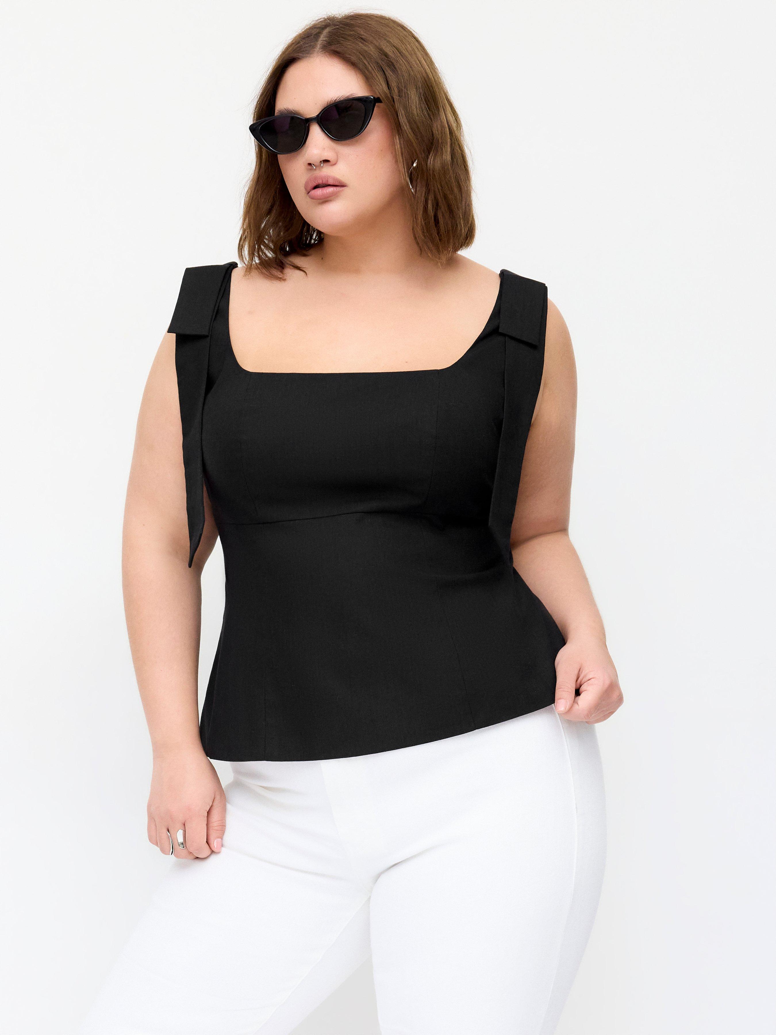 Linen-blend Square Neck Bowknot Blouse Curve & Plus by CIDER