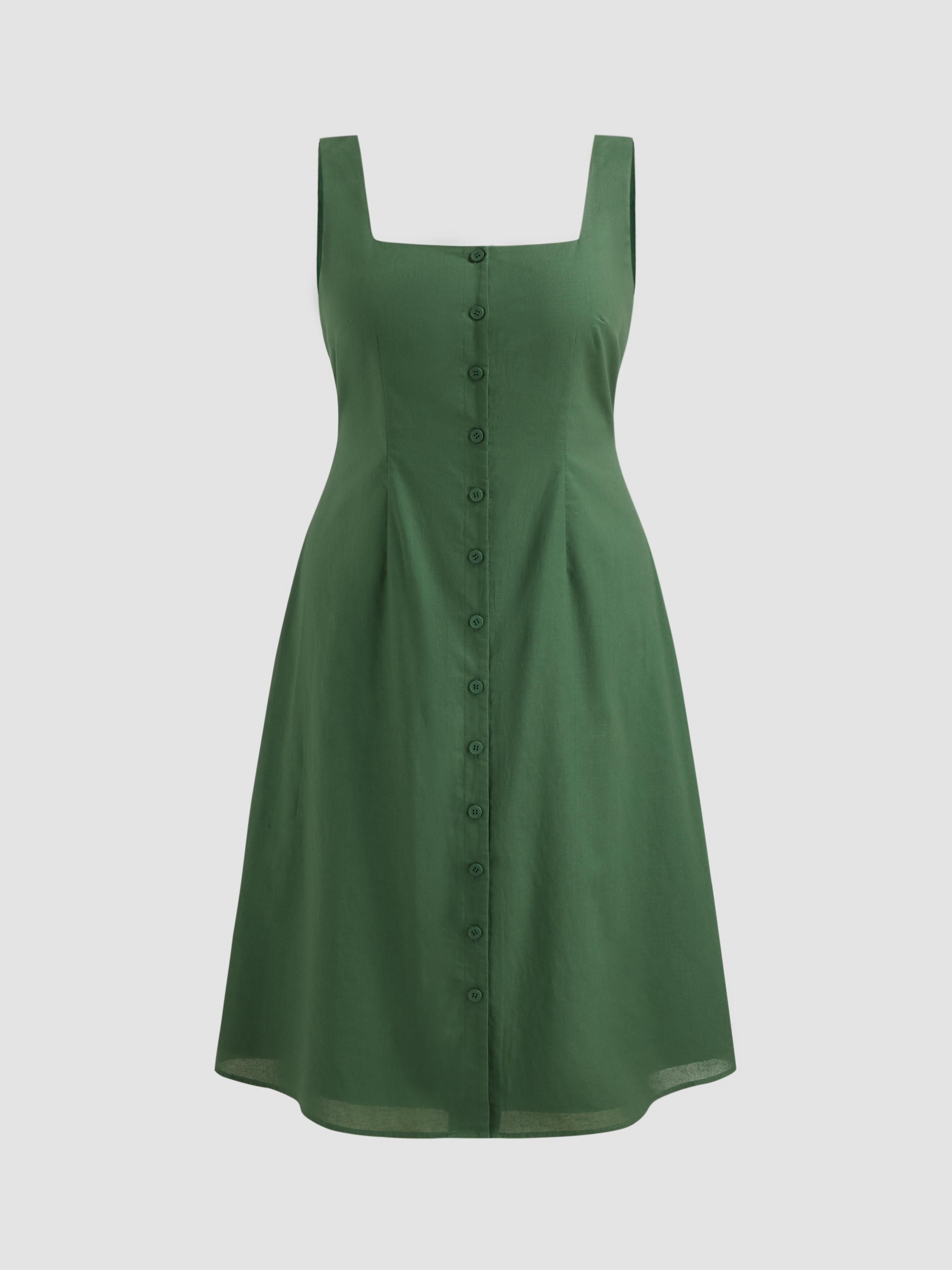 Linen-blend Square Neck Button Through Shirred Midi Dress Curve & Plus by CIDER