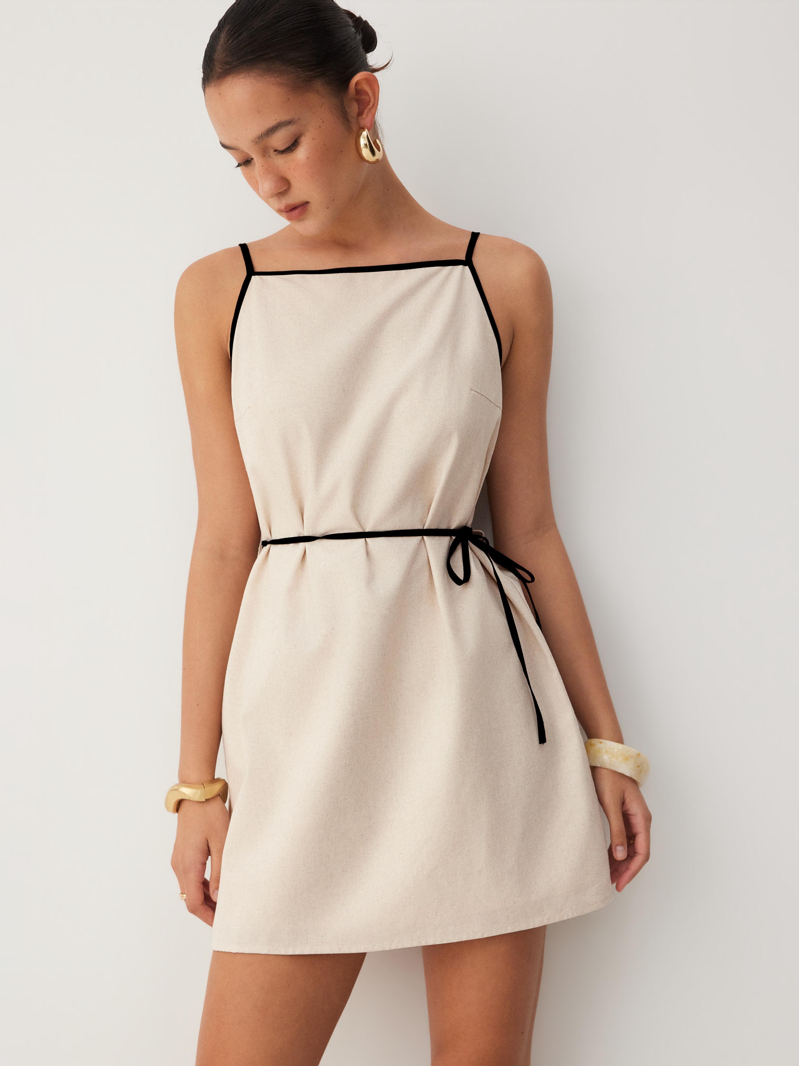 Linen-blend Square Neck Color-Blocking A-line Mini Dress by CIDER