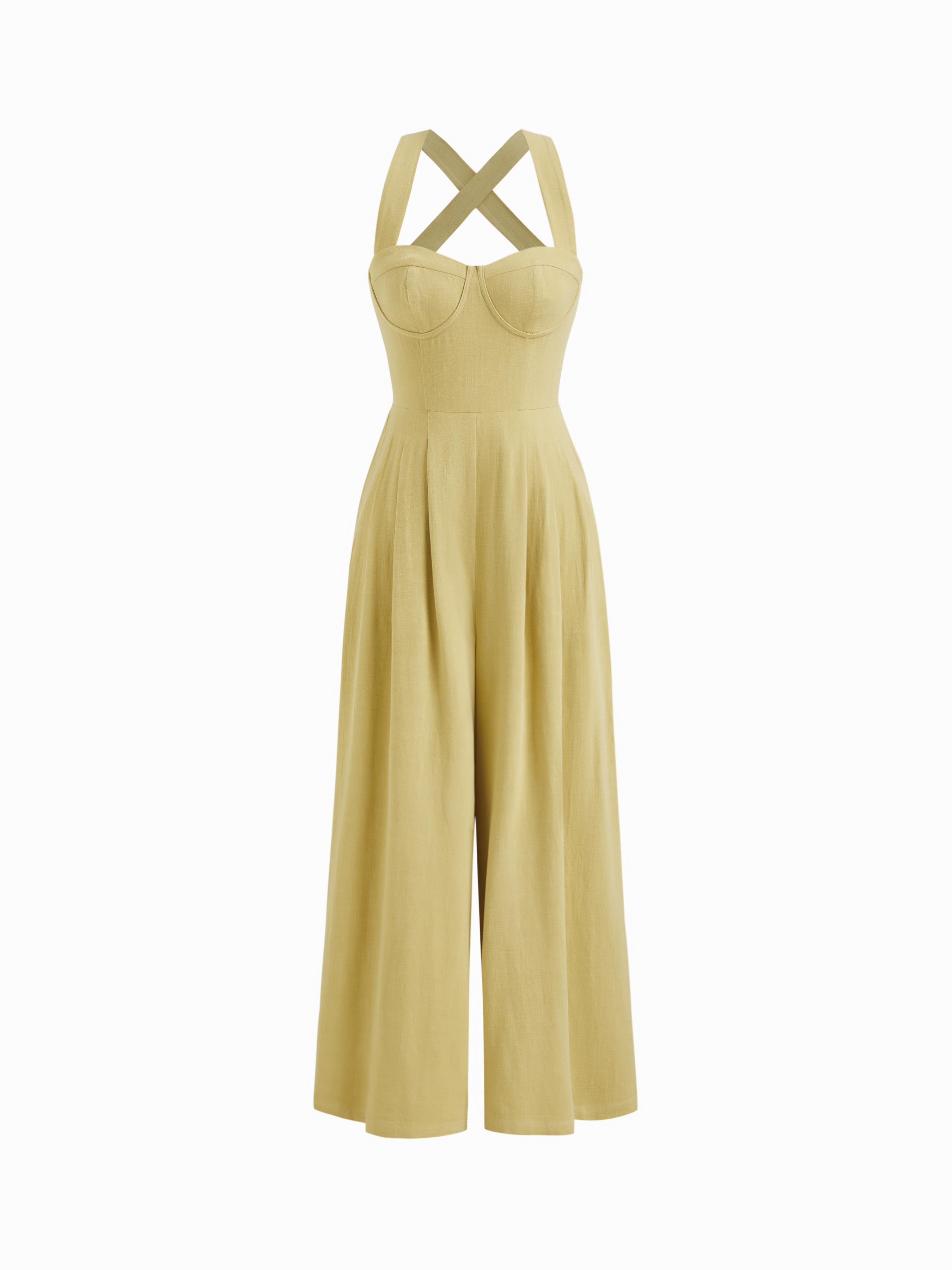 Linen-blend Square Neck Criss Cross Pleated Jumpsuit by CIDER