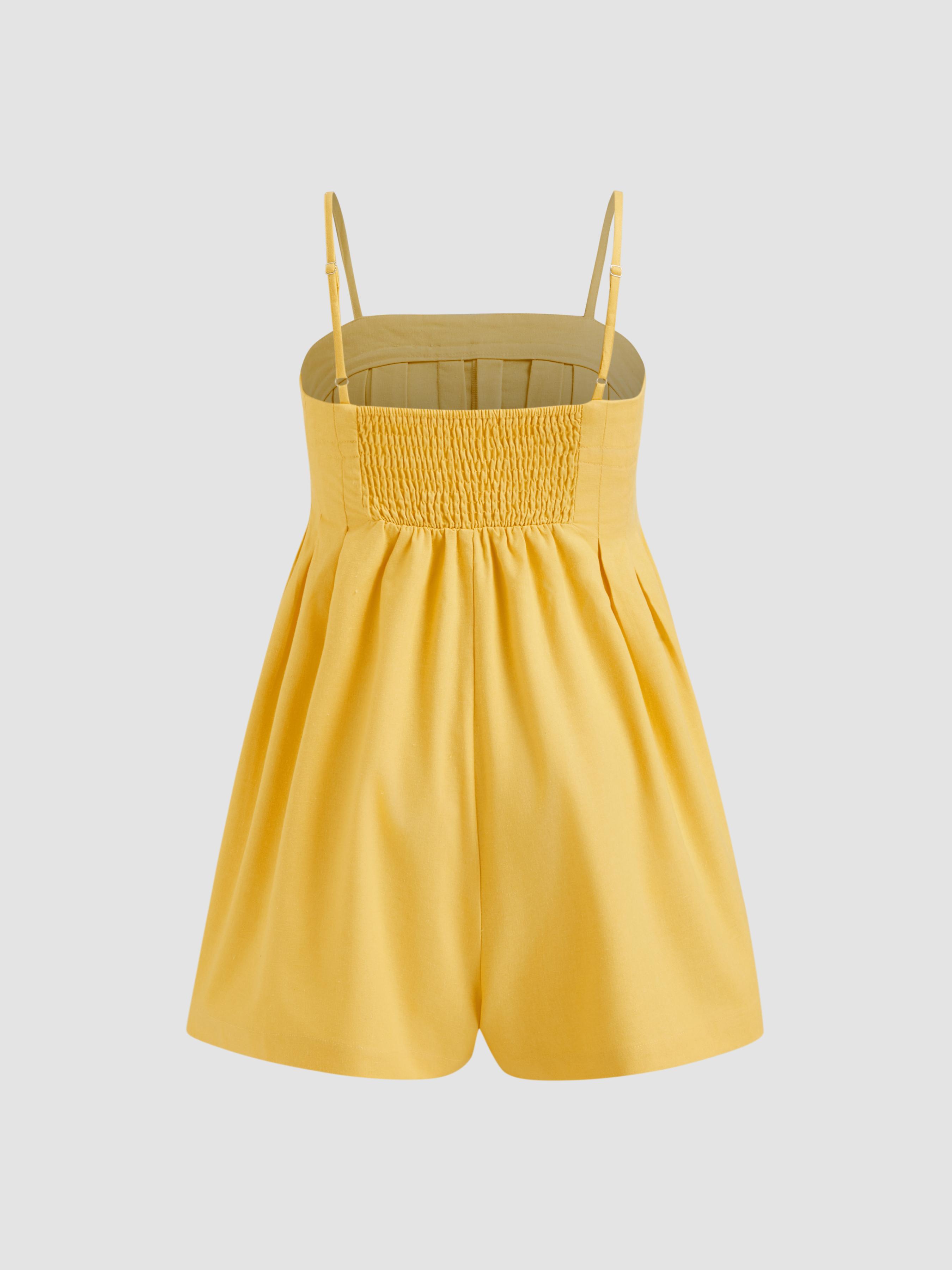 Linen-blend Square Neck Drawstring Shirred Pleated Romper by CIDER