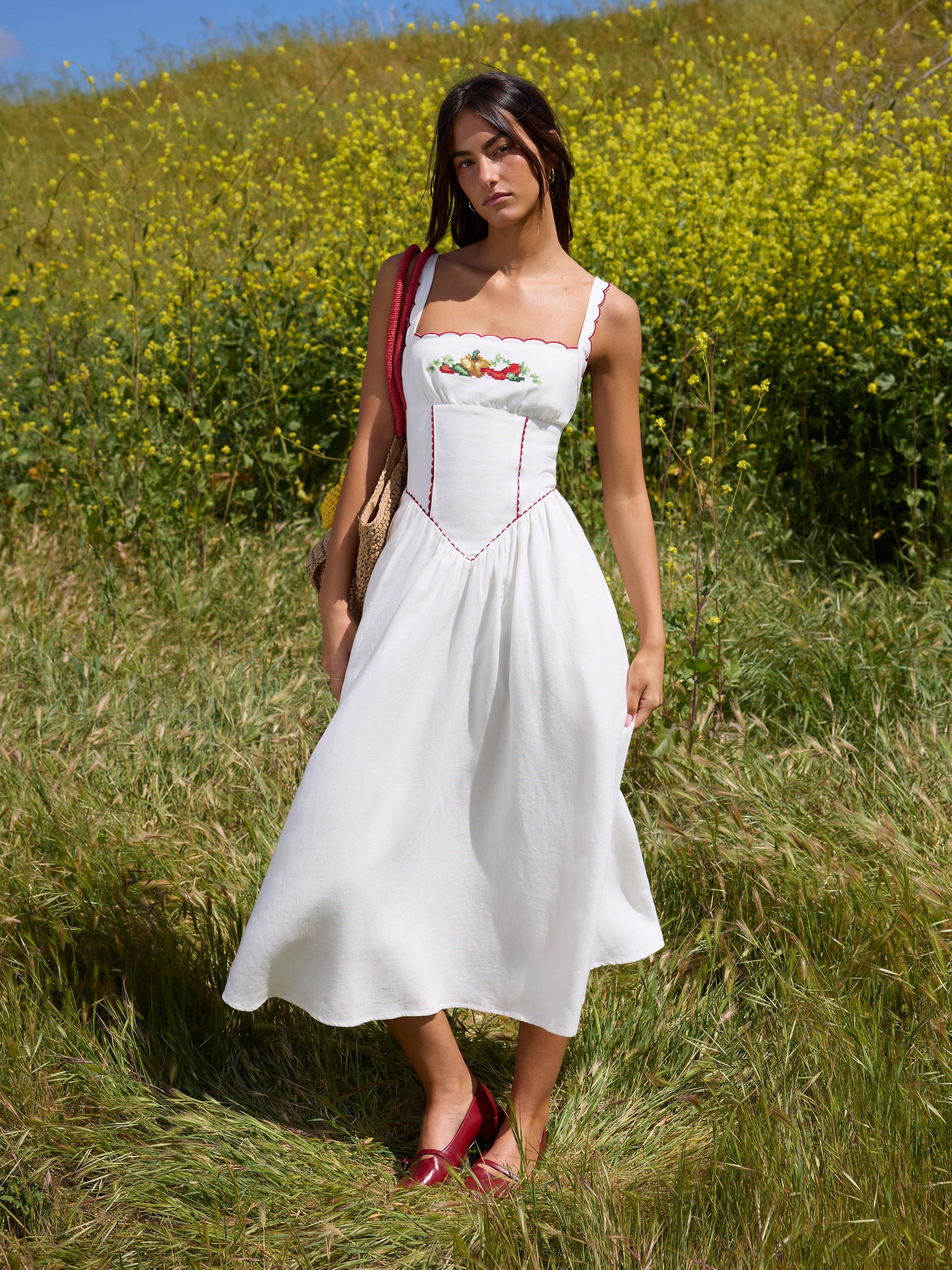 Linen-blend Square Neck Fruit Embroidery Flared Maxi Dress by CIDER