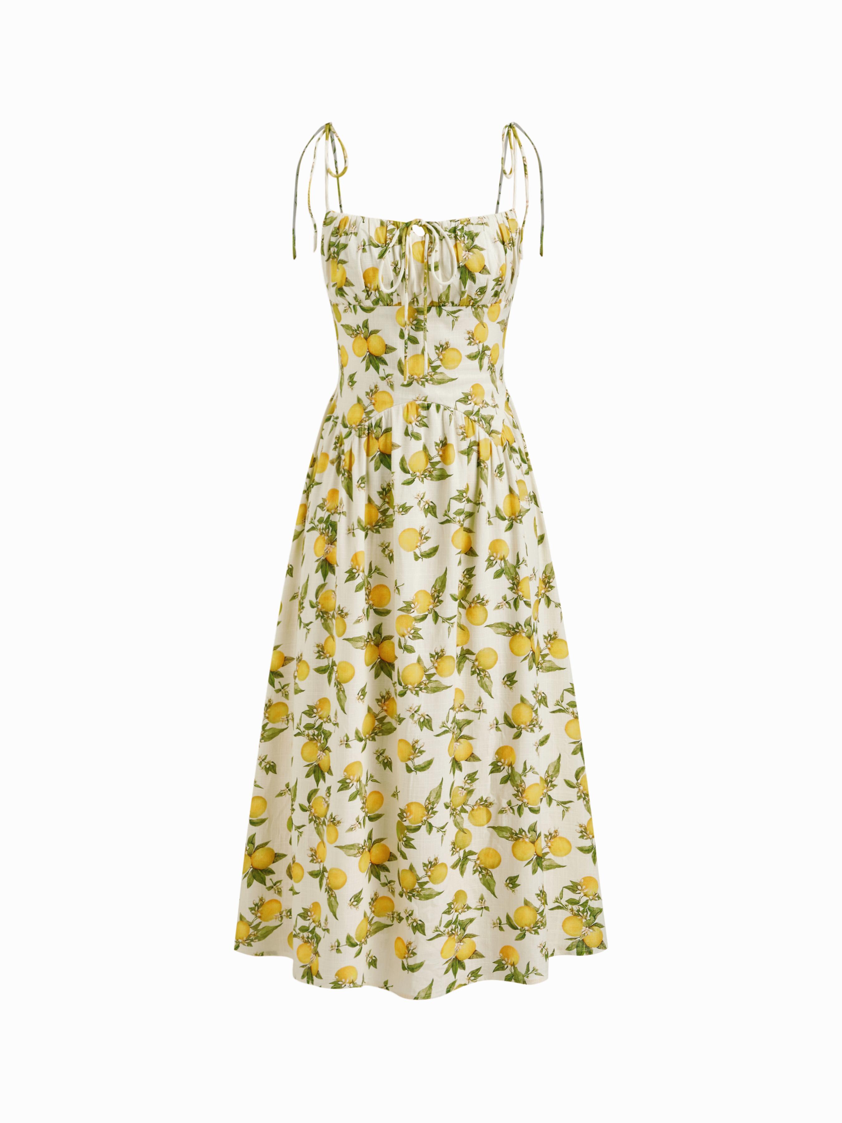 Linen-blend Square Neck Lemon Ruched Shirred Cami Midi Dress by CIDER