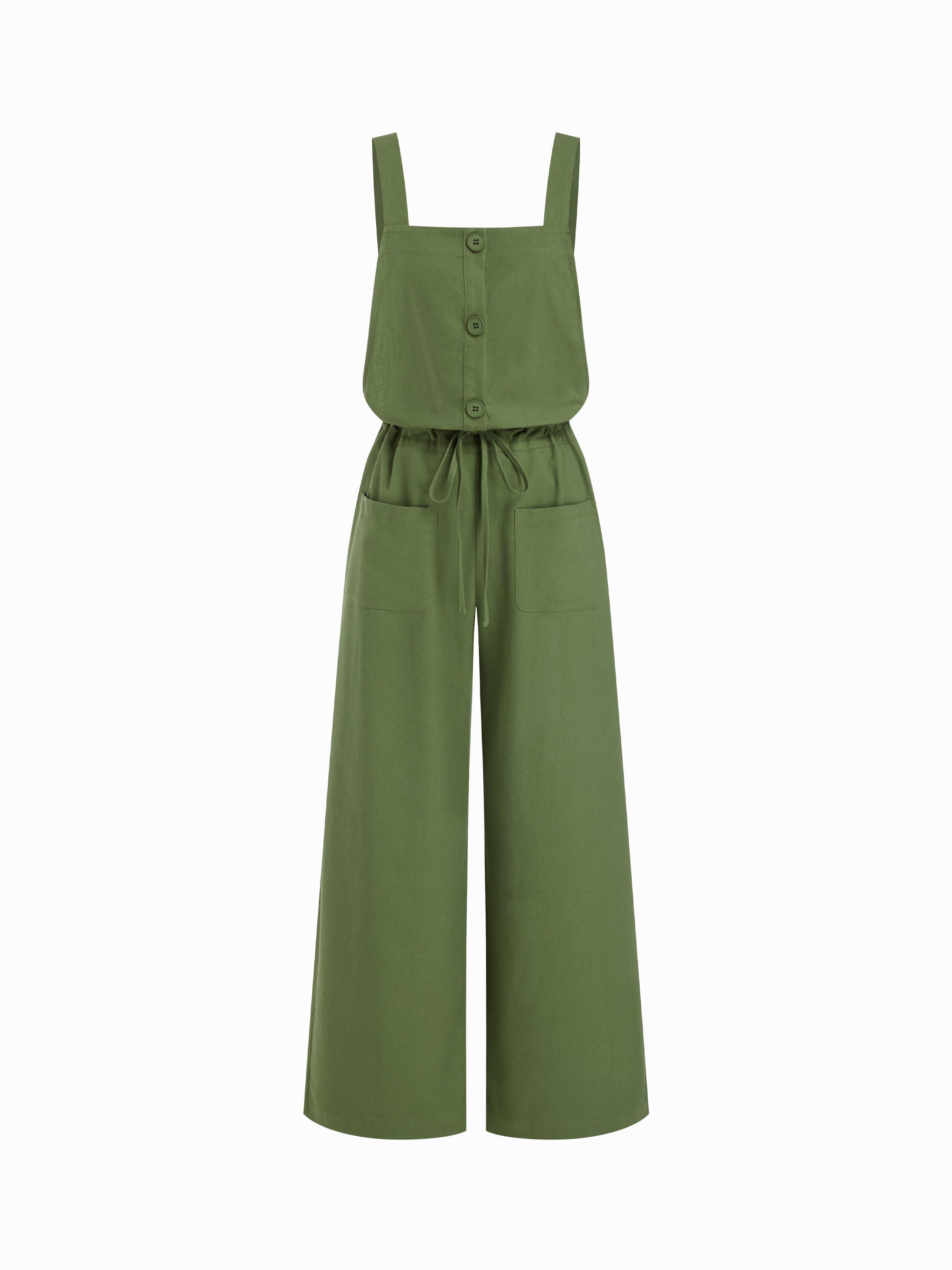 Linen-blend Square Neck Mid Rise Drawstring Oversized Wide Leg Jumpsuit by CIDER