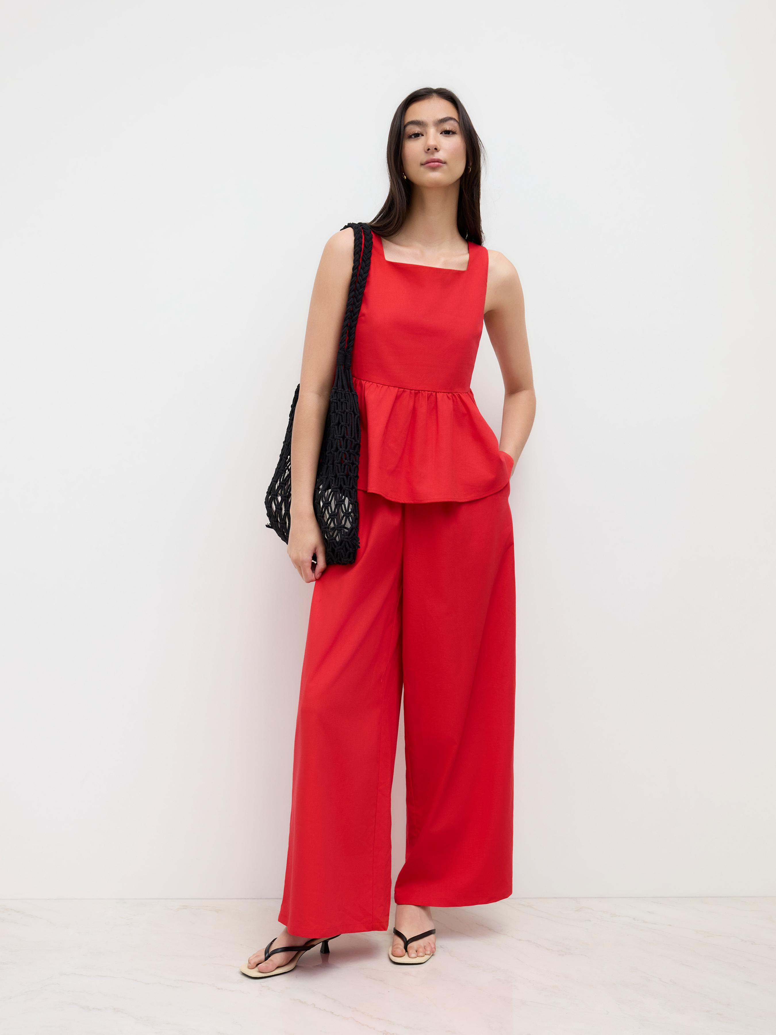 Linen-blend Square Neck Oversized  Ruffle Hem Tank Top & Wide Leg Trousers Set by CIDER
