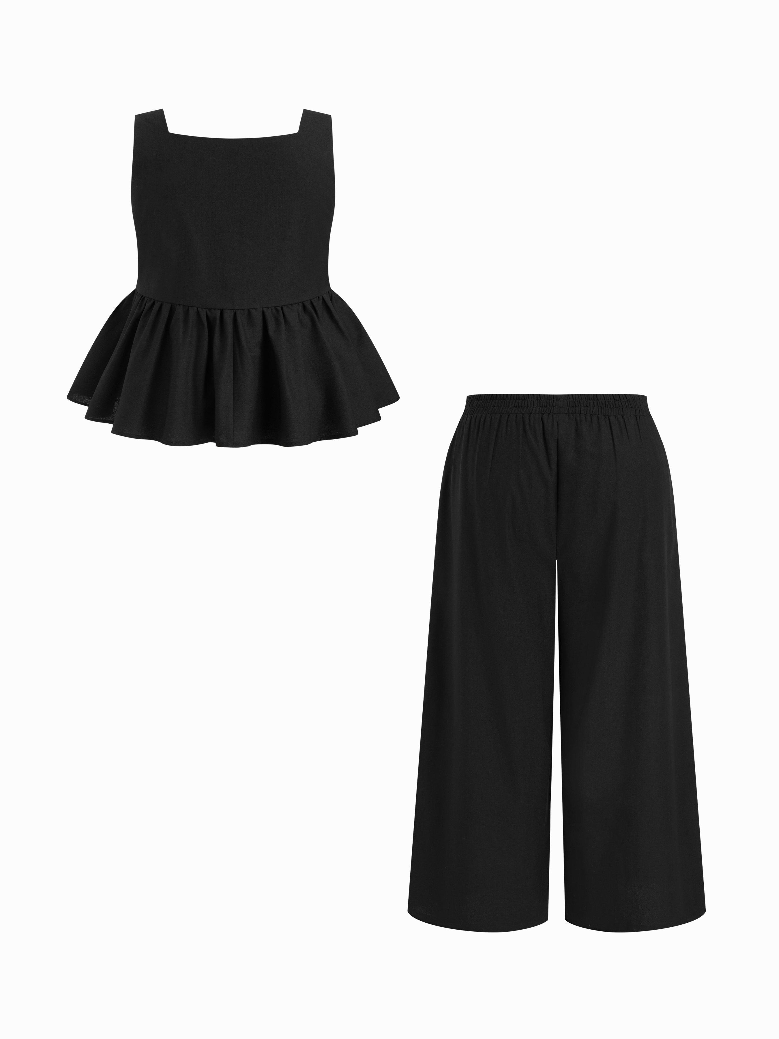 Linen-blend Square Neck Ruffle Hem Tank Top & Wide Leg Trousers Set Curve & Plus by CIDER