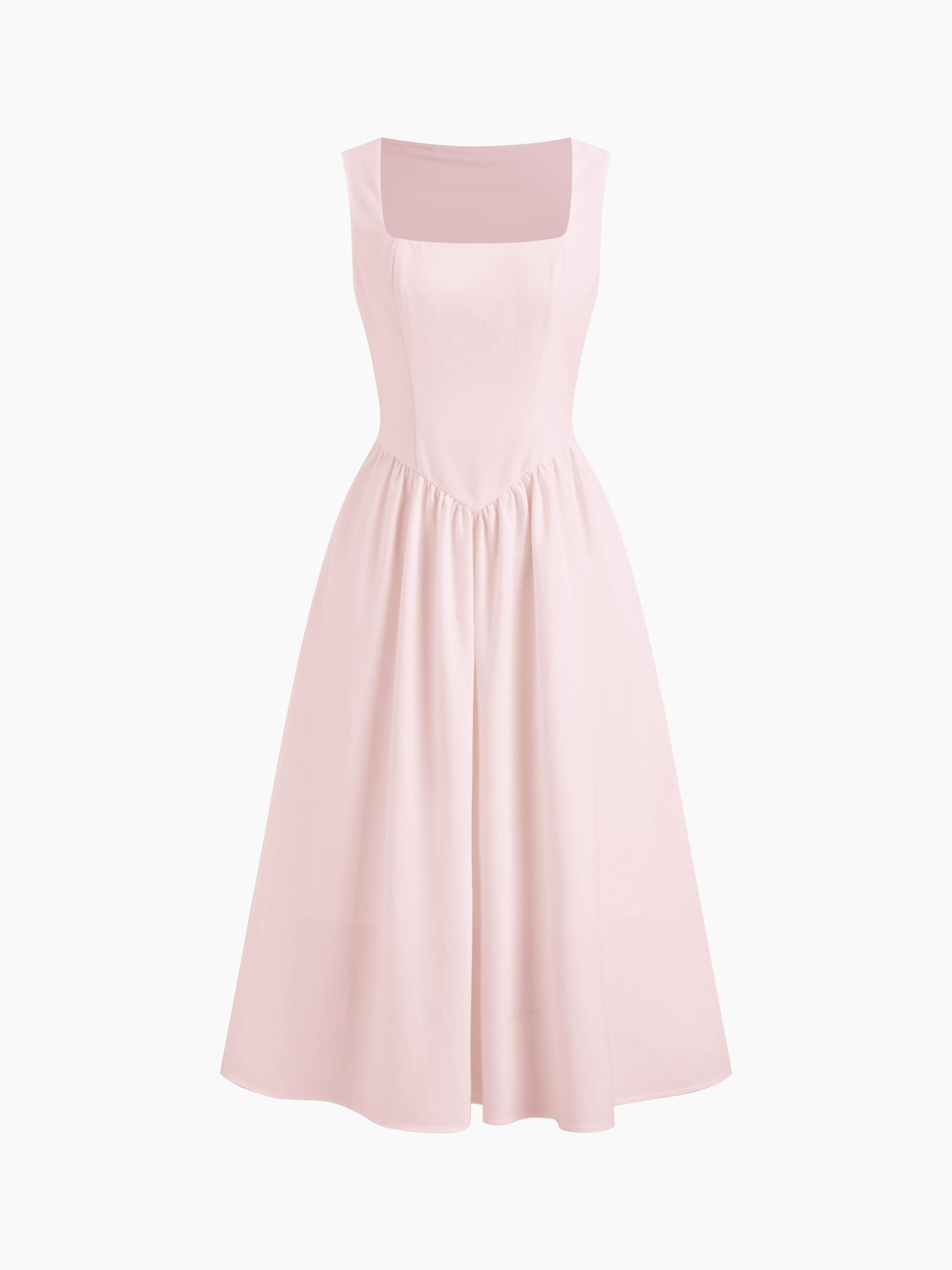 Linen-blend Square Neck Ruffle Midi Dress by CIDER