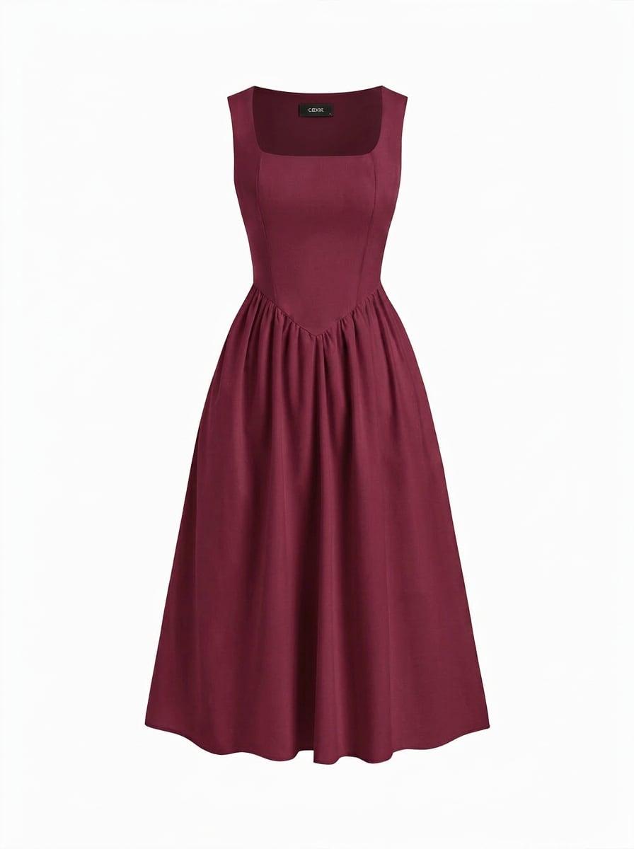 Linen-blend Square Neck Ruffle Midi Dress by CIDER