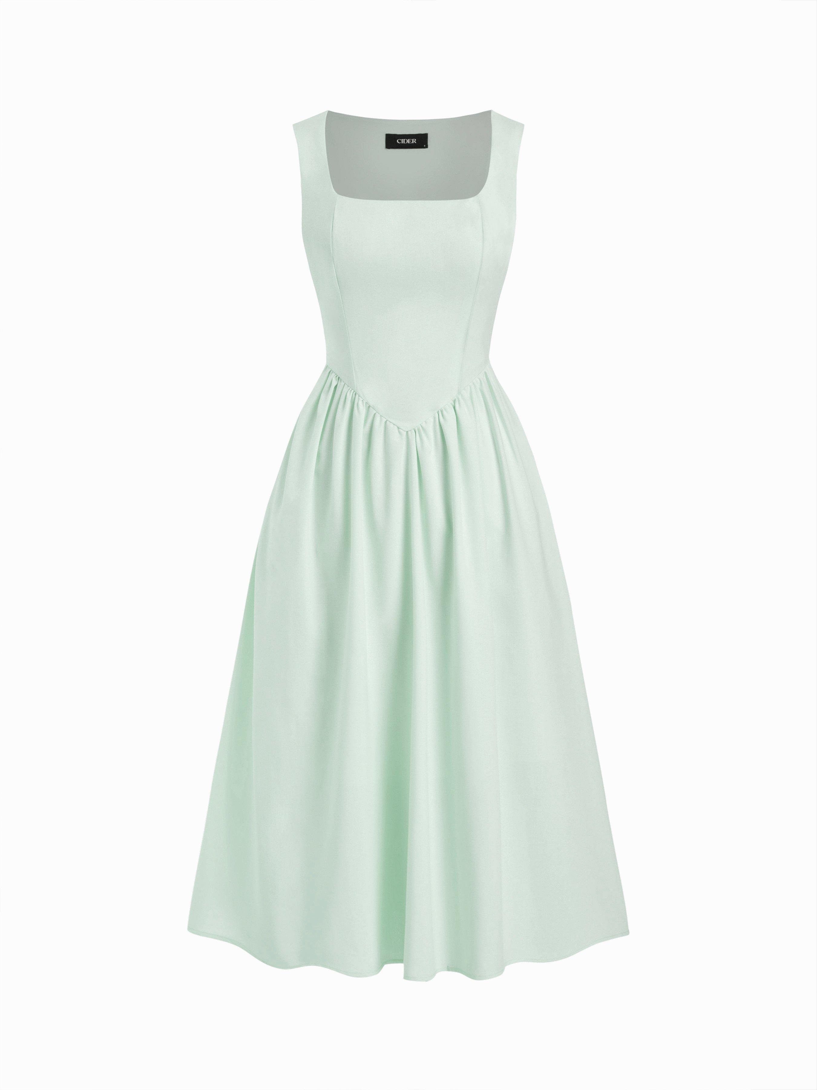 Linen-blend Square Neck Ruffle Midi Dress by CIDER