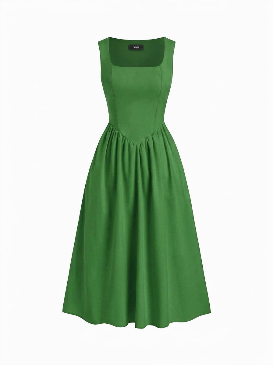 Linen-blend Square Neck Ruffle Midi Dress by CIDER
