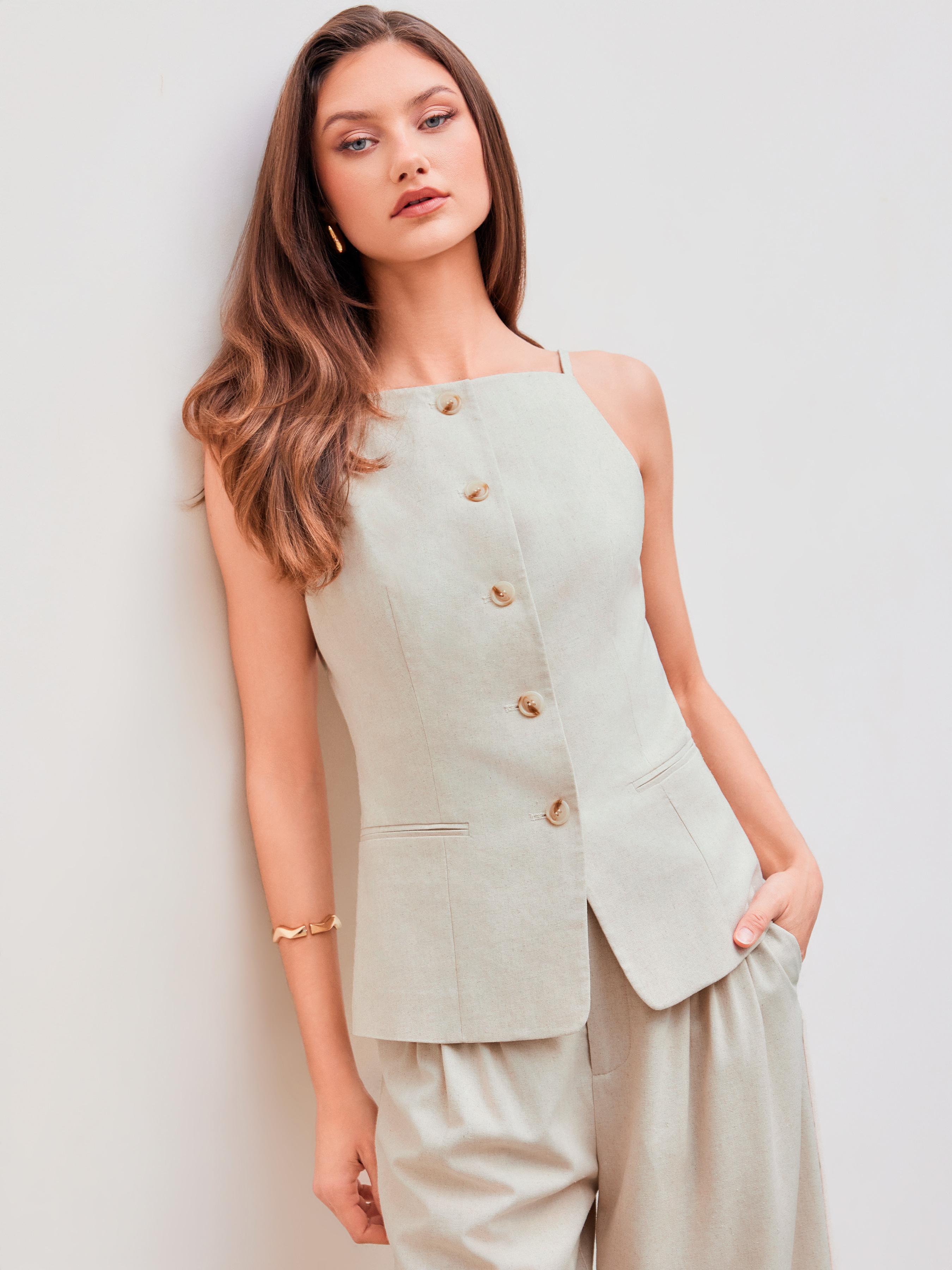 Linen-blend Square Neck Solid Blazer Vest by CIDER