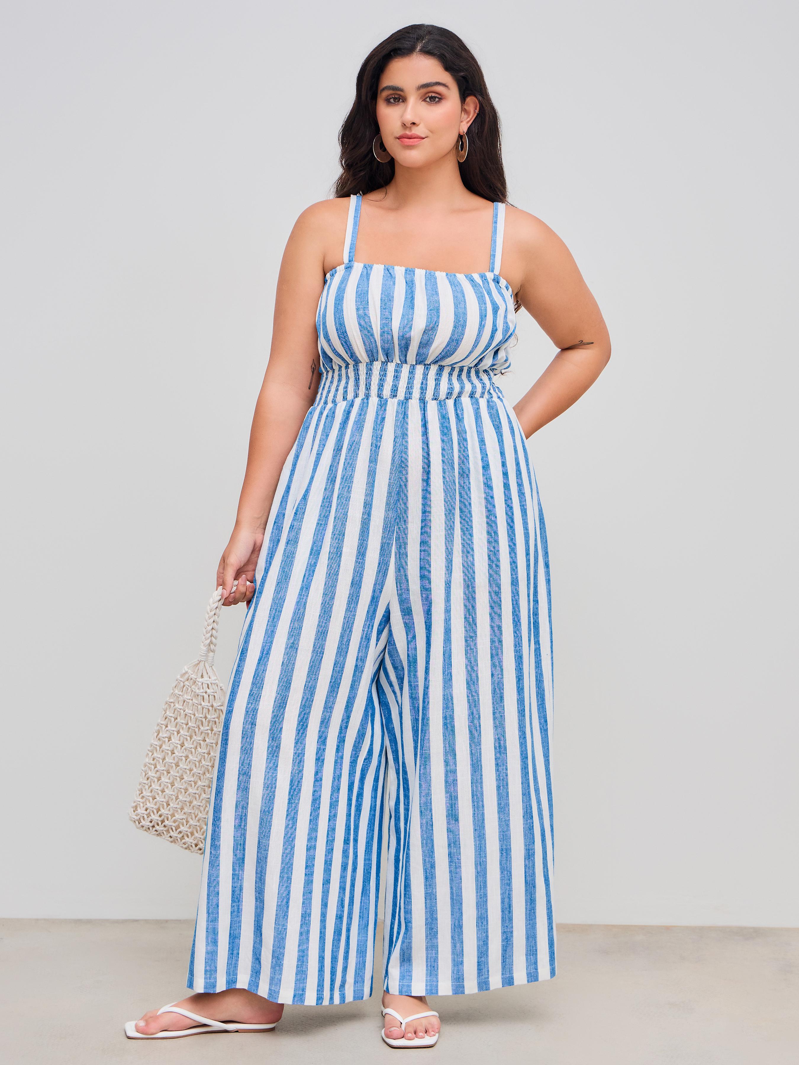 Linen-blend Square Neck Striped Pocket Jumpsuit Curve & Plus by CIDER