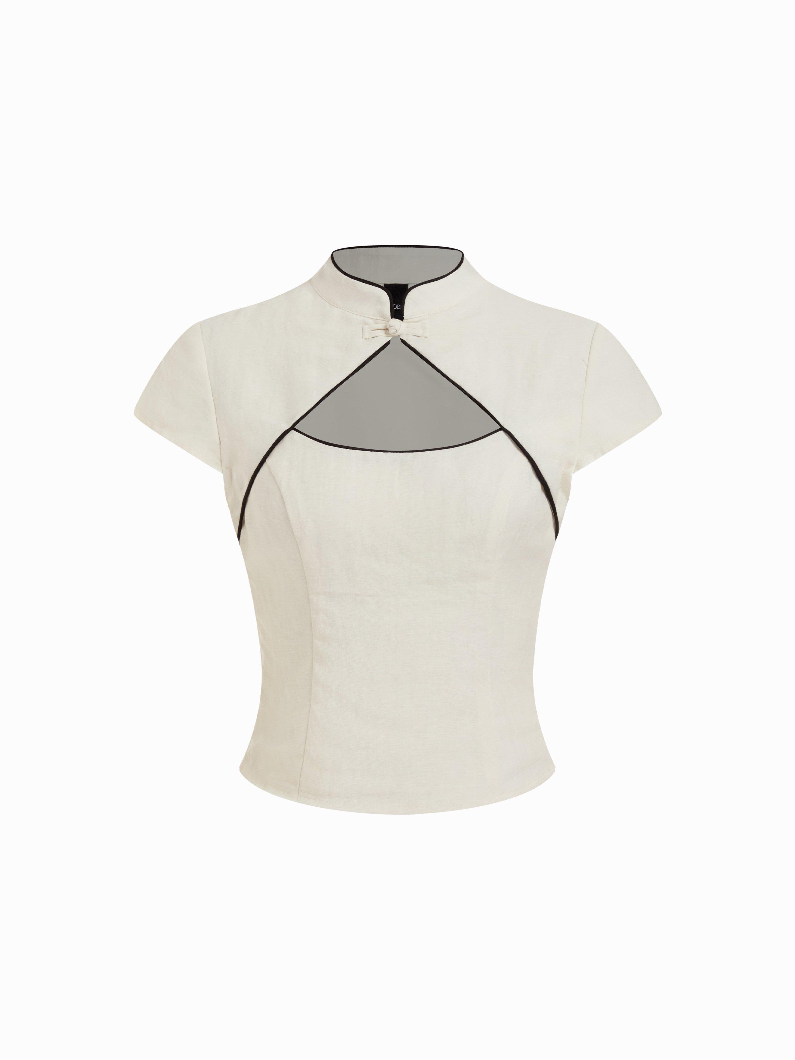 Linen-blend Stand Collar Short Sleeve Cut Out Contrasting Binding Blouse by CIDER