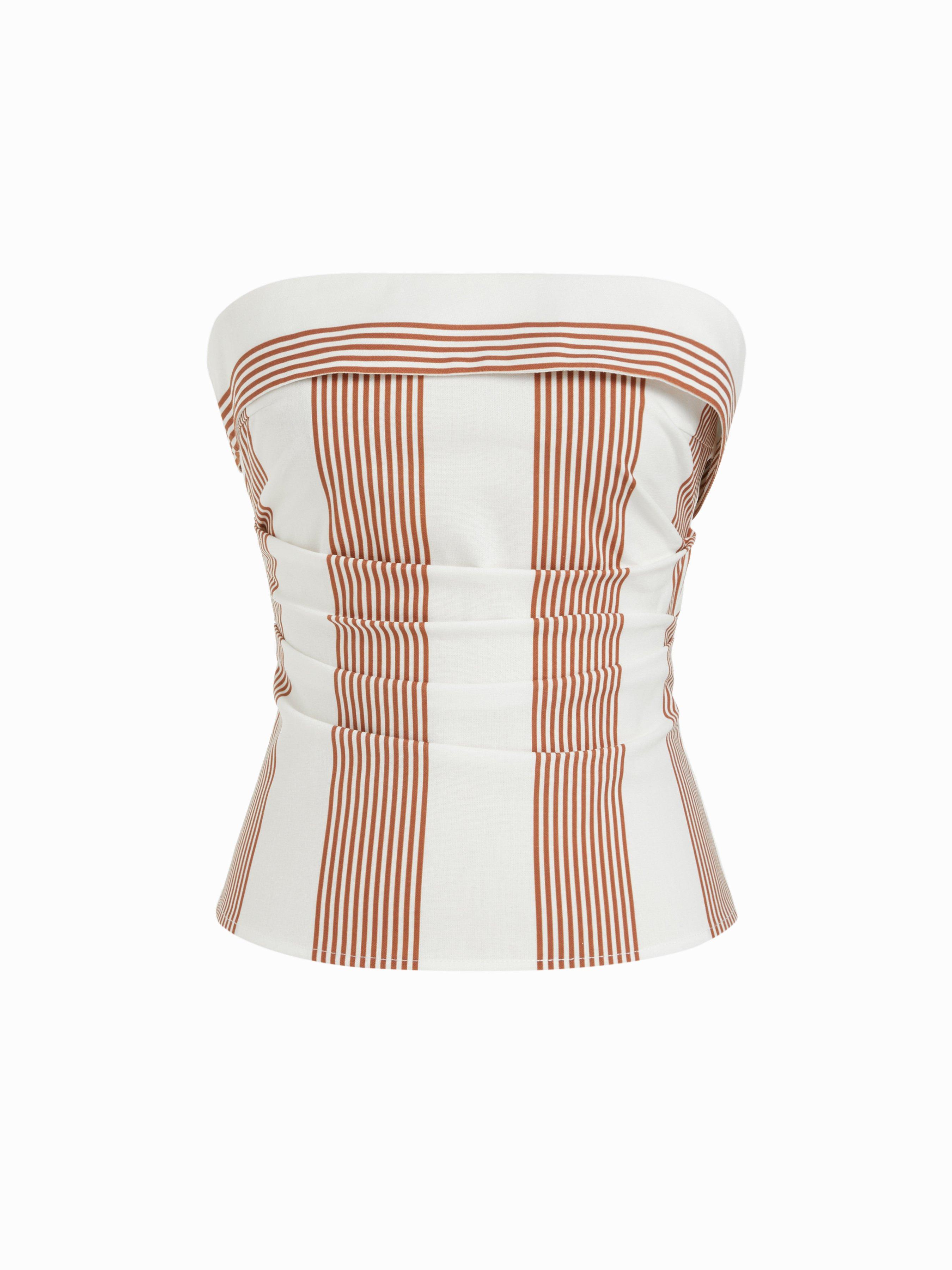 Linen-blend Strapless Geometric Stripe Ruched Top by CIDER