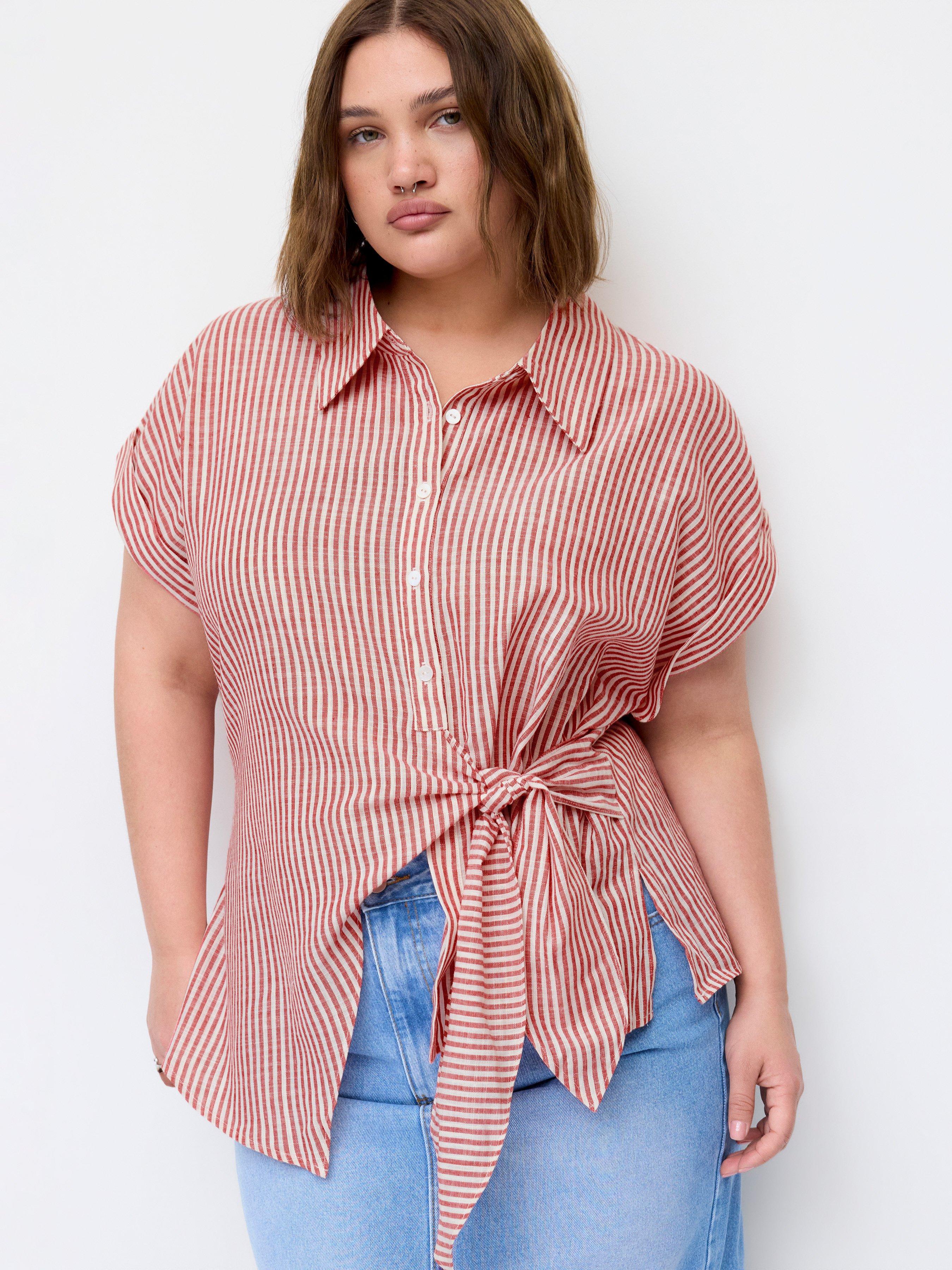 Linen-blend Stripe Asymmetrical Tie-front Blouse Curve & Plus by CIDER