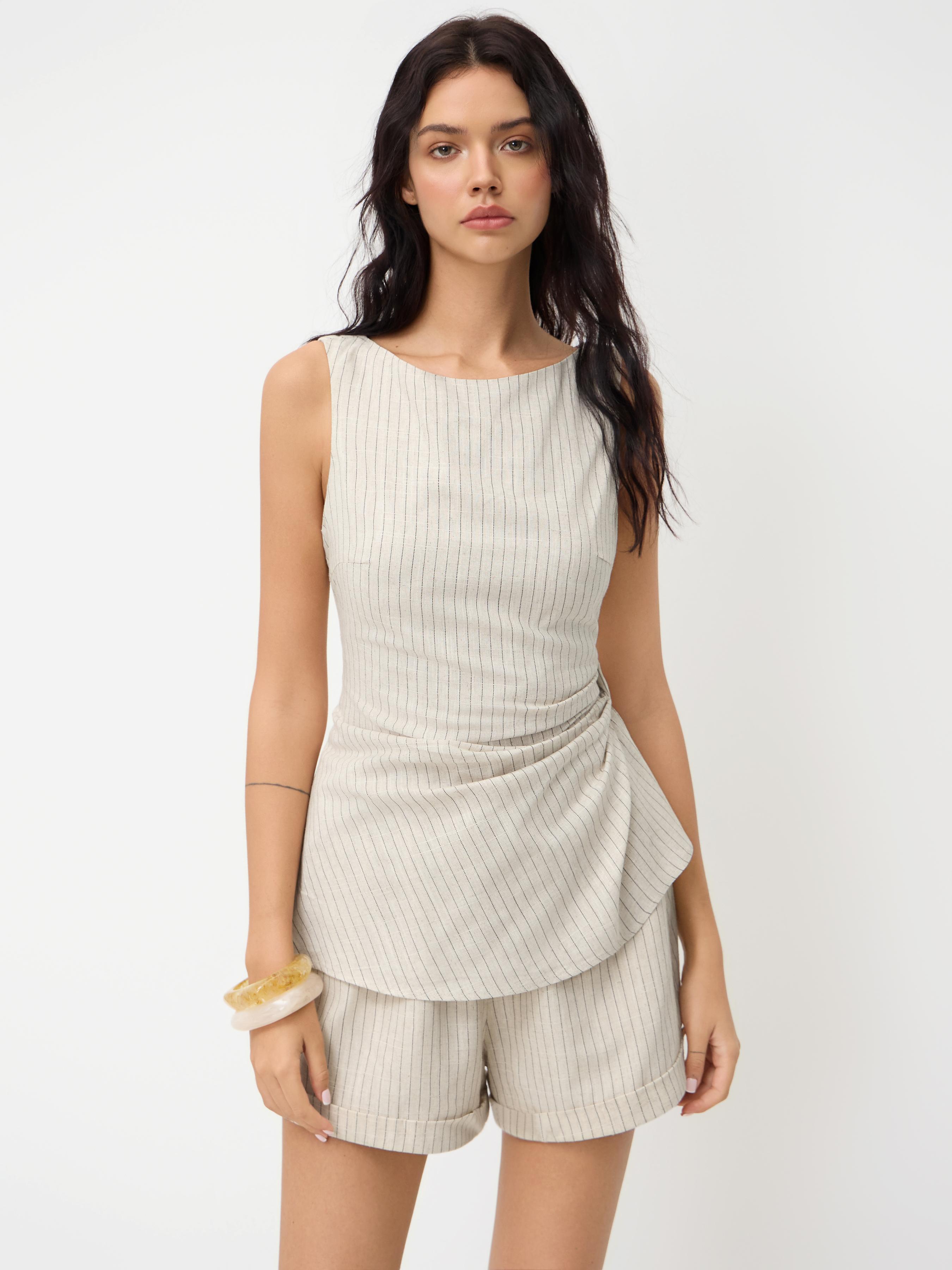 Linen-blend Stripe Boat Neck Ruched Split Side Tank Top by CIDER