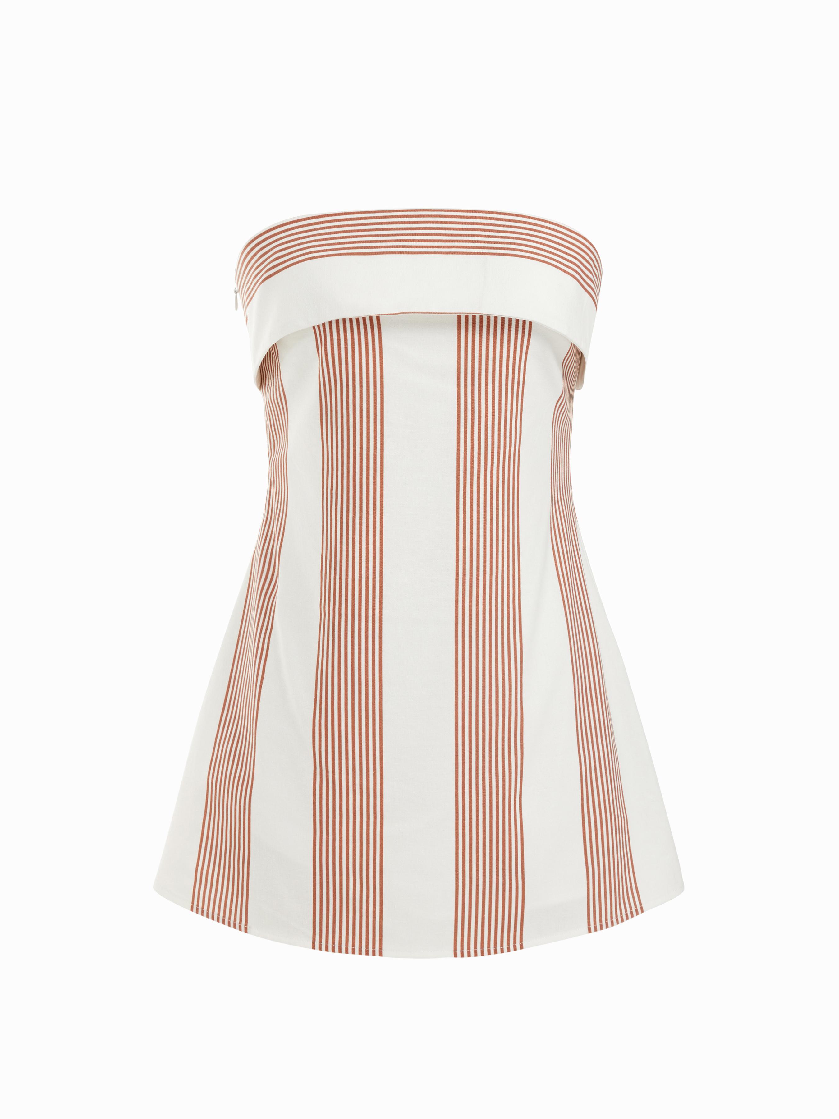 Linen-blend Striped Fold Over A-line Bandeau Mini Dress by CIDER