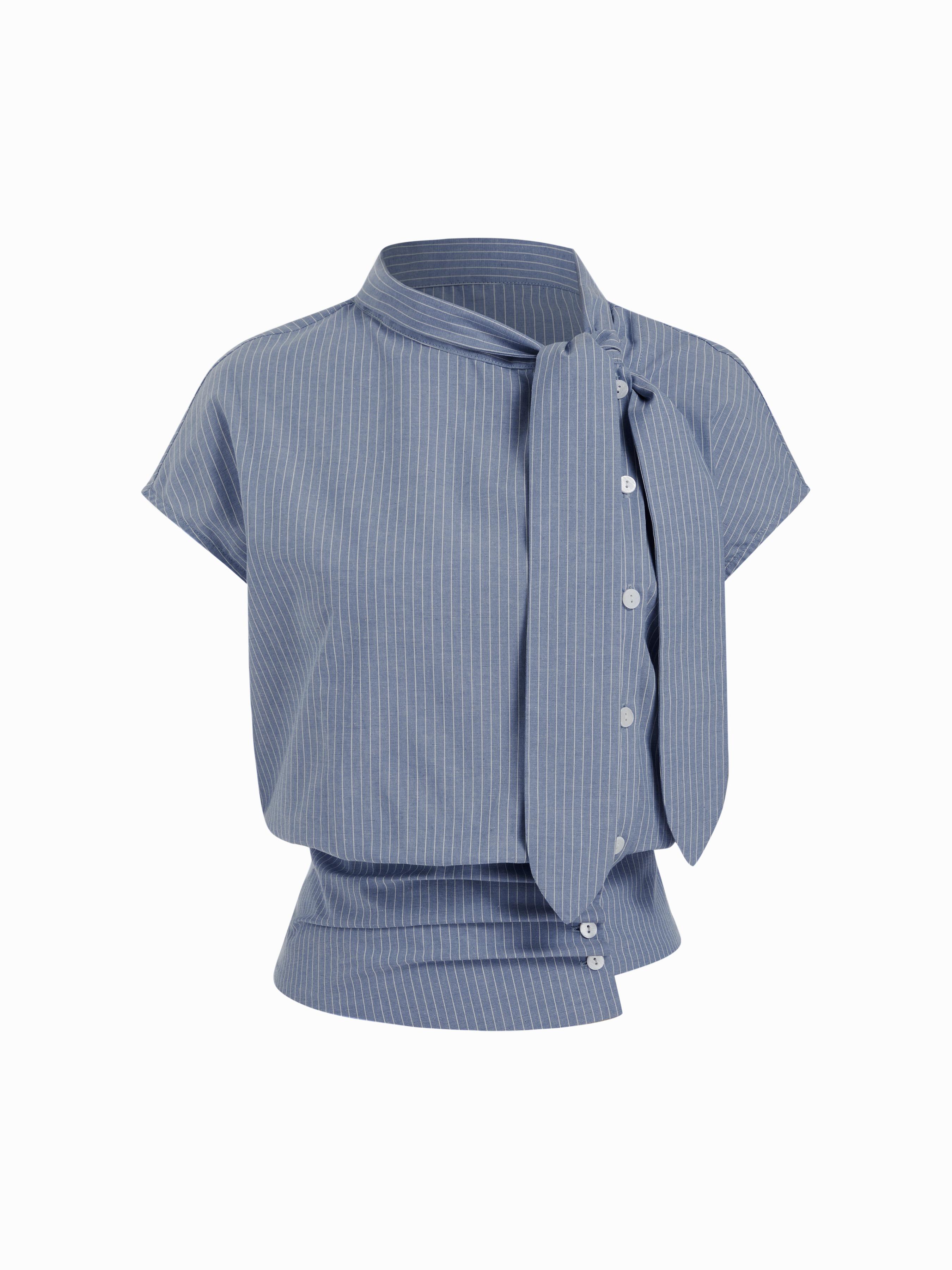 Linen-blend Striped High Neck Knotted Blouse With Scarf by CIDER