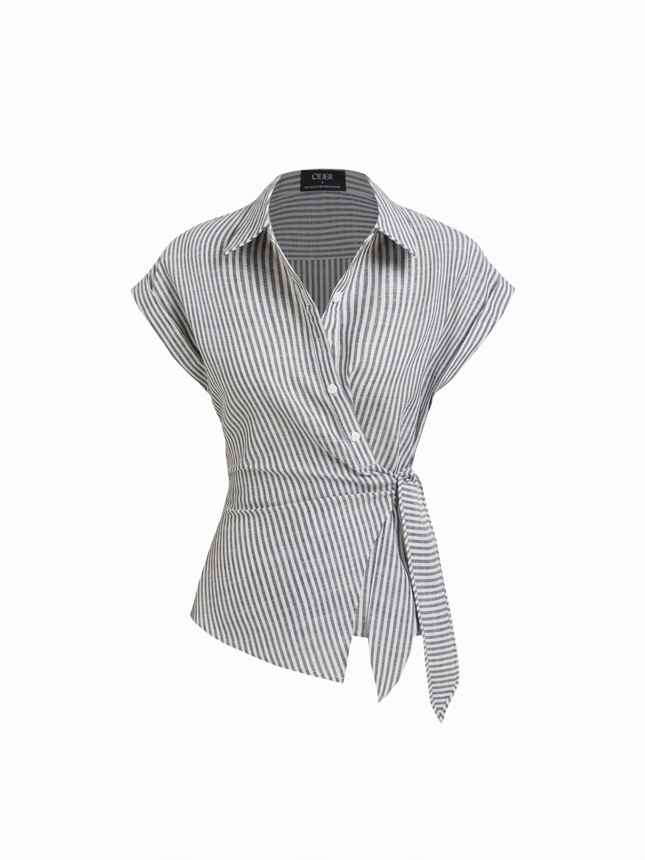 Linen-blend Stripes Asymmetrical Tie-front Blouse by CIDER