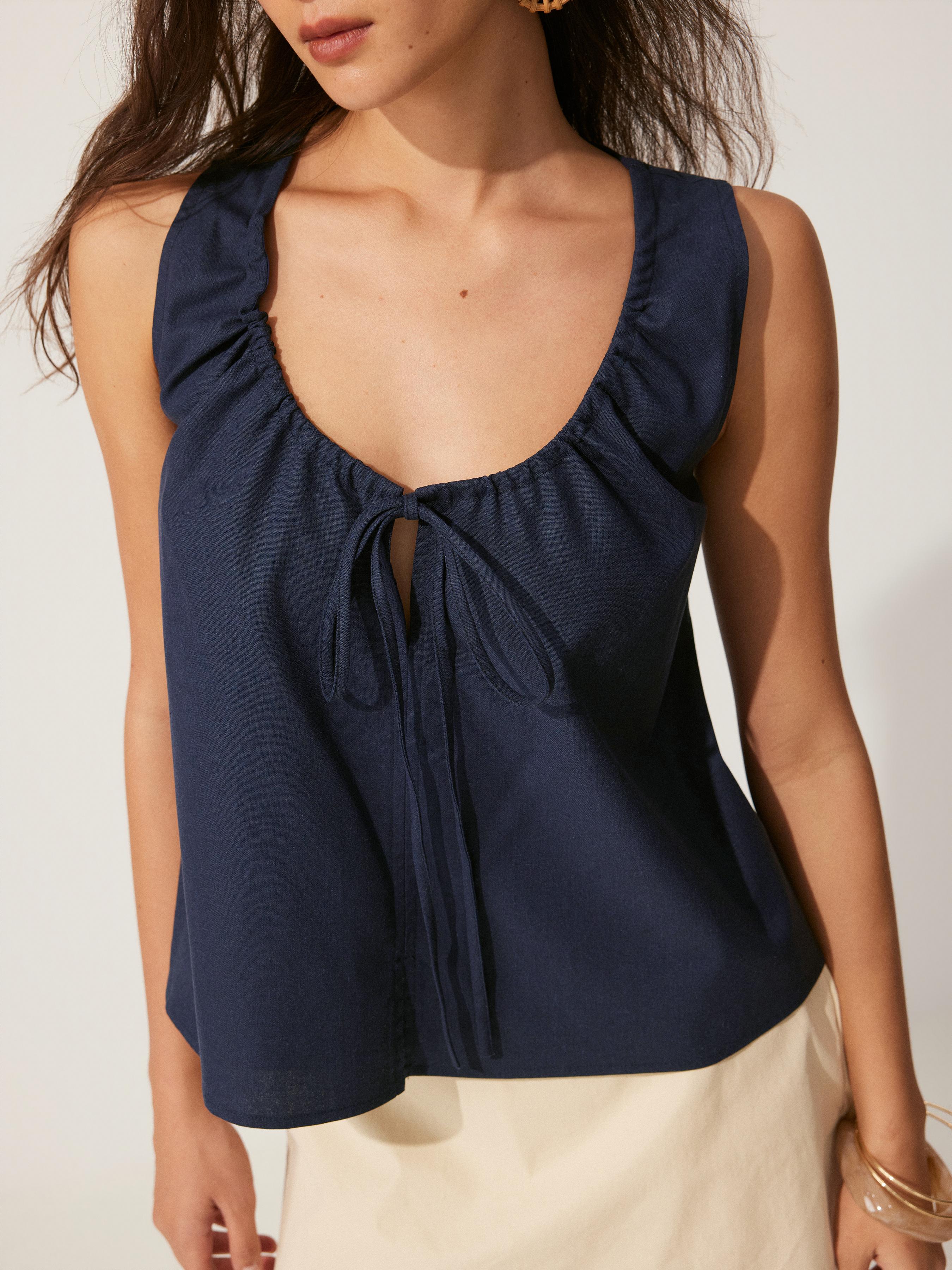 Linen-blend Tie-front Sleeveless Blouse by CIDER