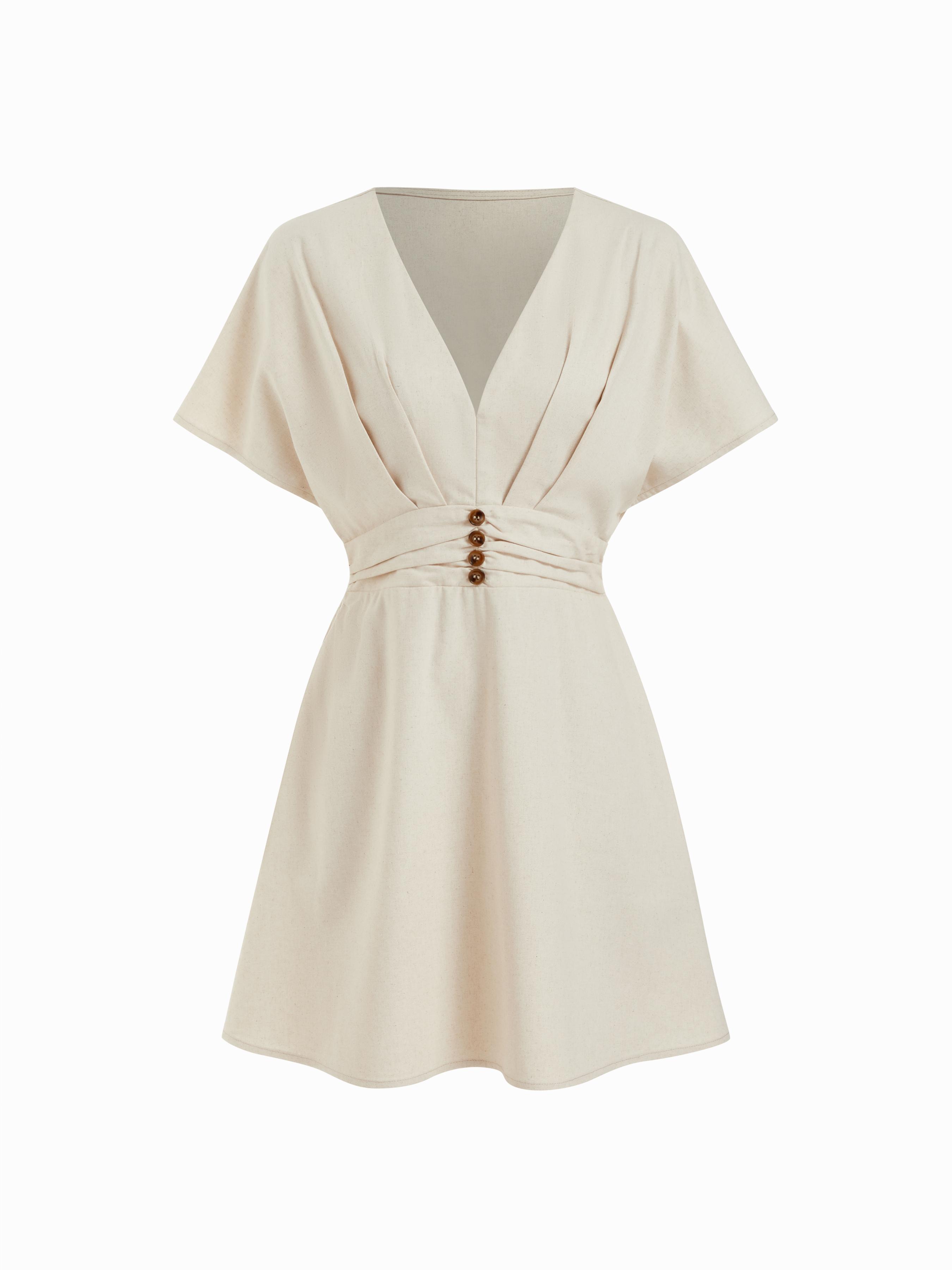 Linen-blend V-neck Batwing Sleeve Ruched A-line Mini Dress by CIDER