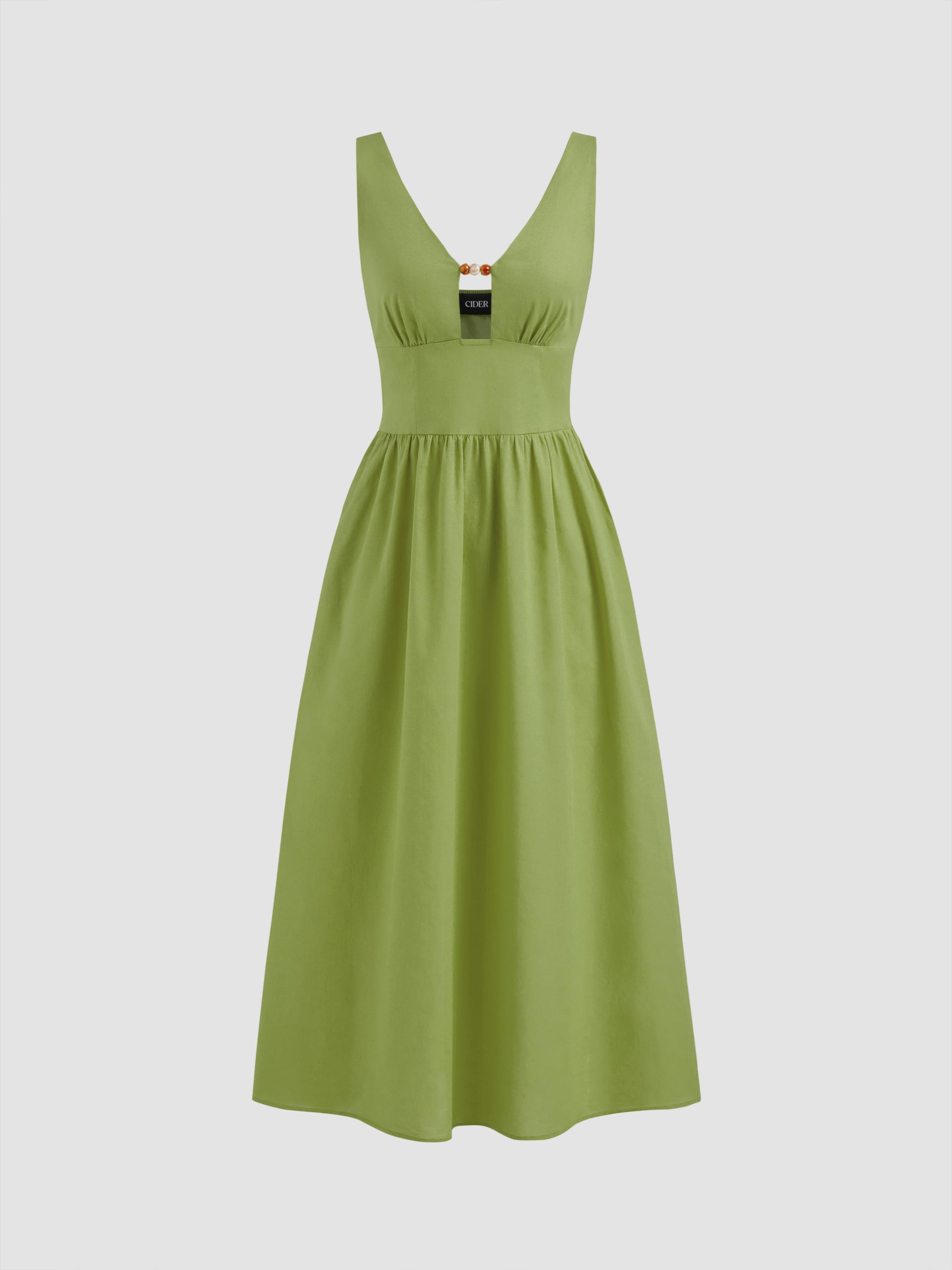Linen-blend V-neck Beaded Cut Out Ruffle Maxi Dress by CIDER