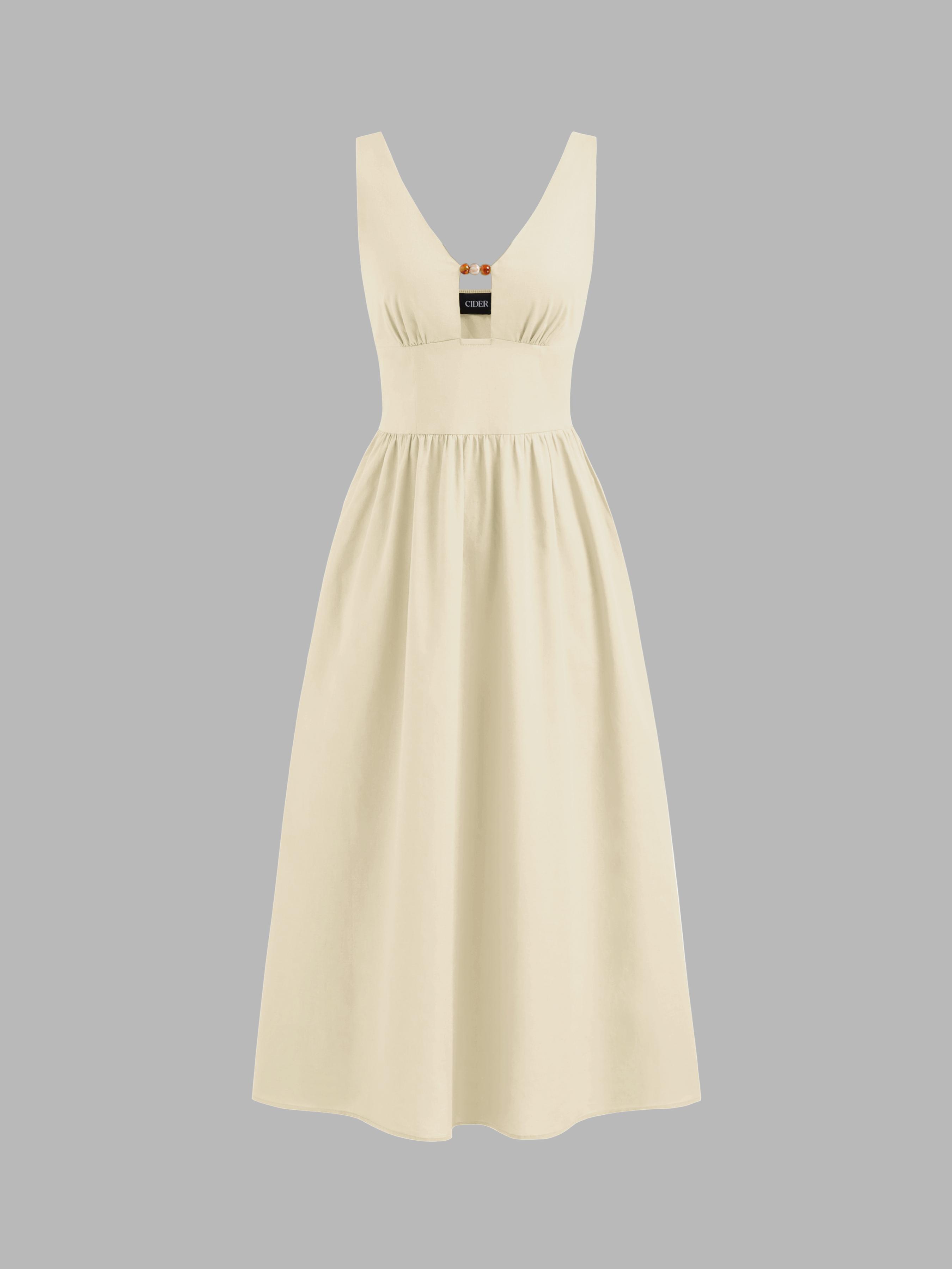 Linen-blend V-neck Beaded Cut Out Ruffle Maxi Dress by CIDER