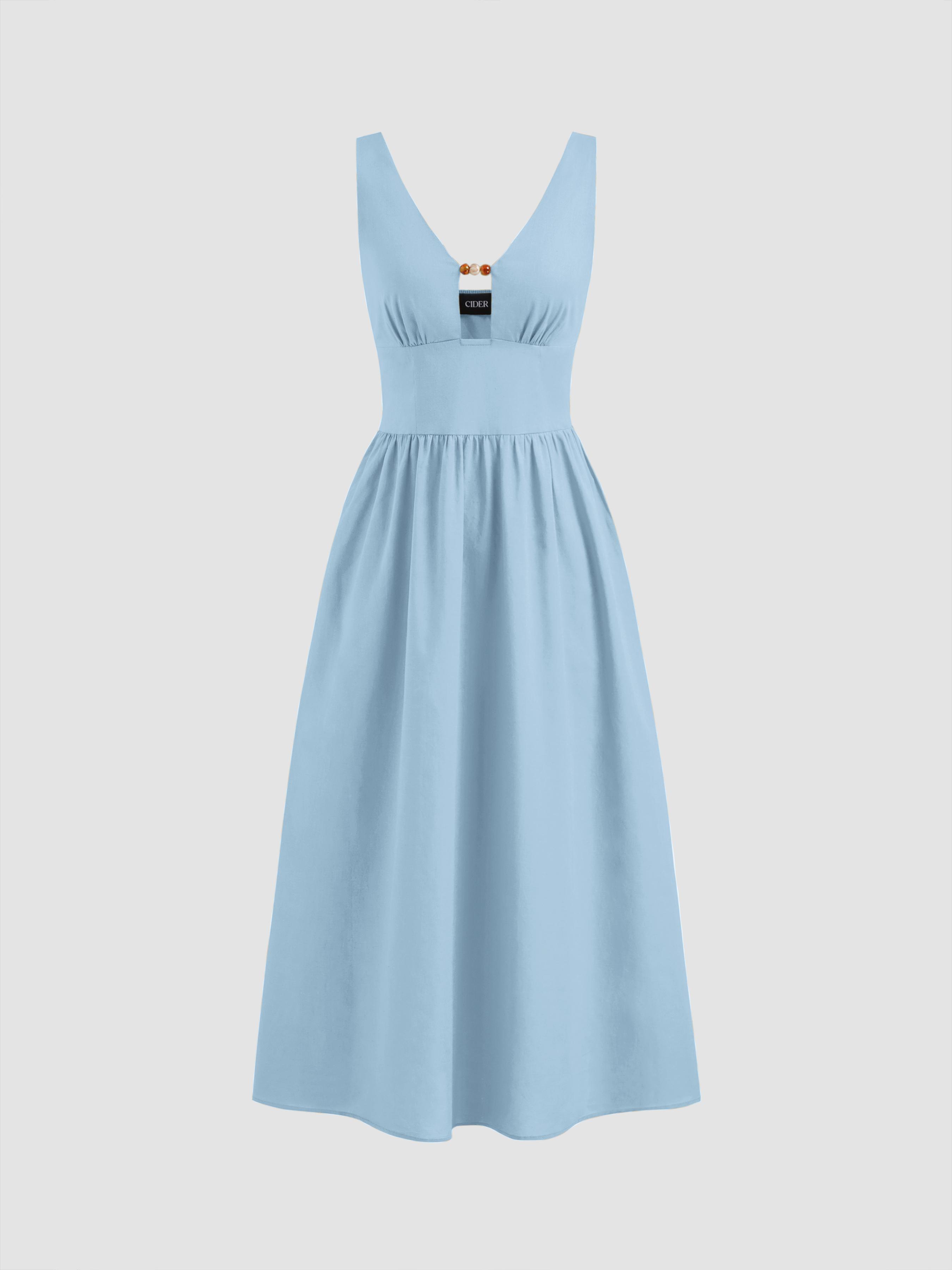 Linen-blend V-neck Beaded Cut Out Ruffle Maxi Dress by CIDER