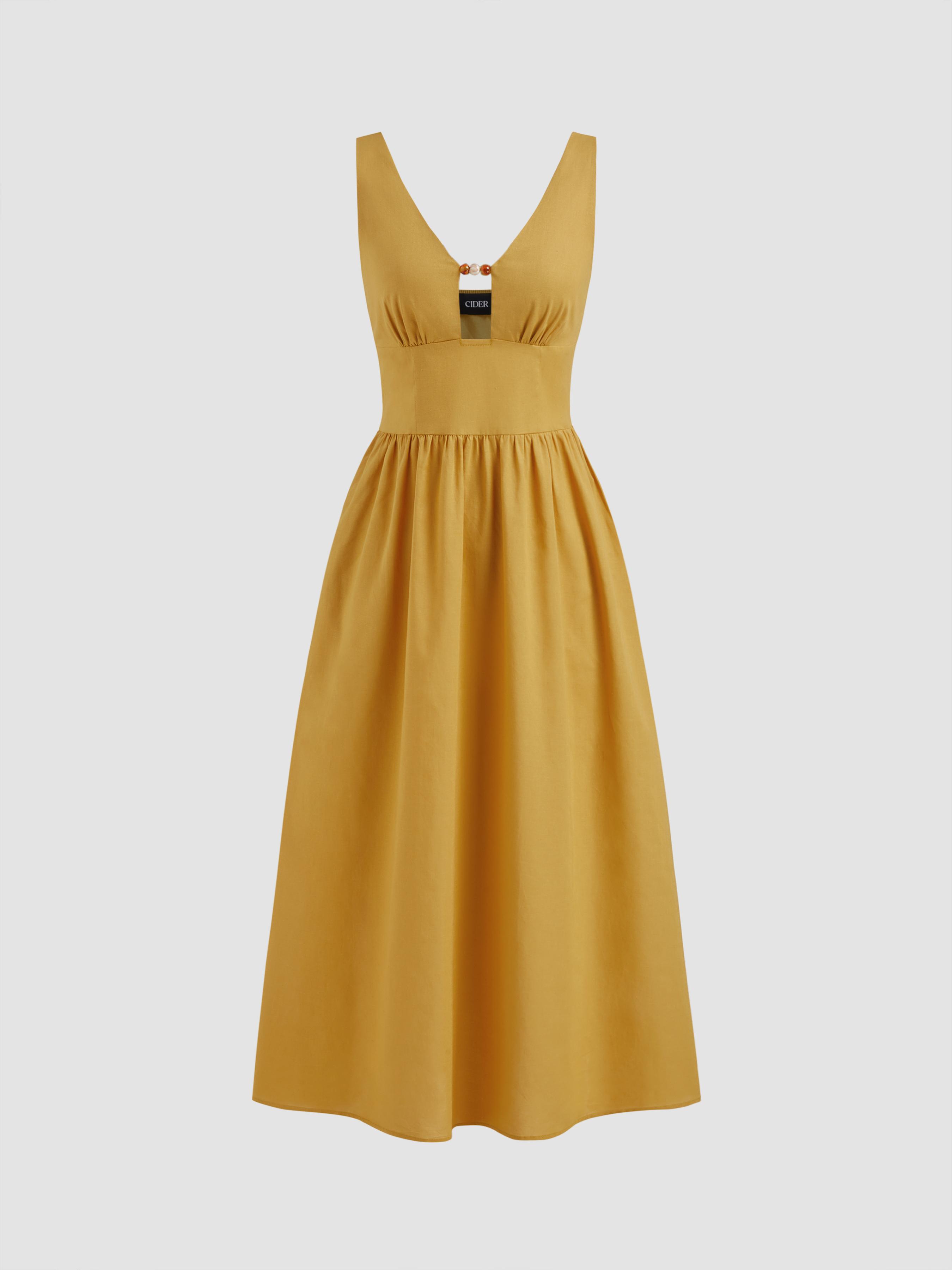 Linen-blend V-neck Beaded Cut Out Ruffle Maxi Dress by CIDER