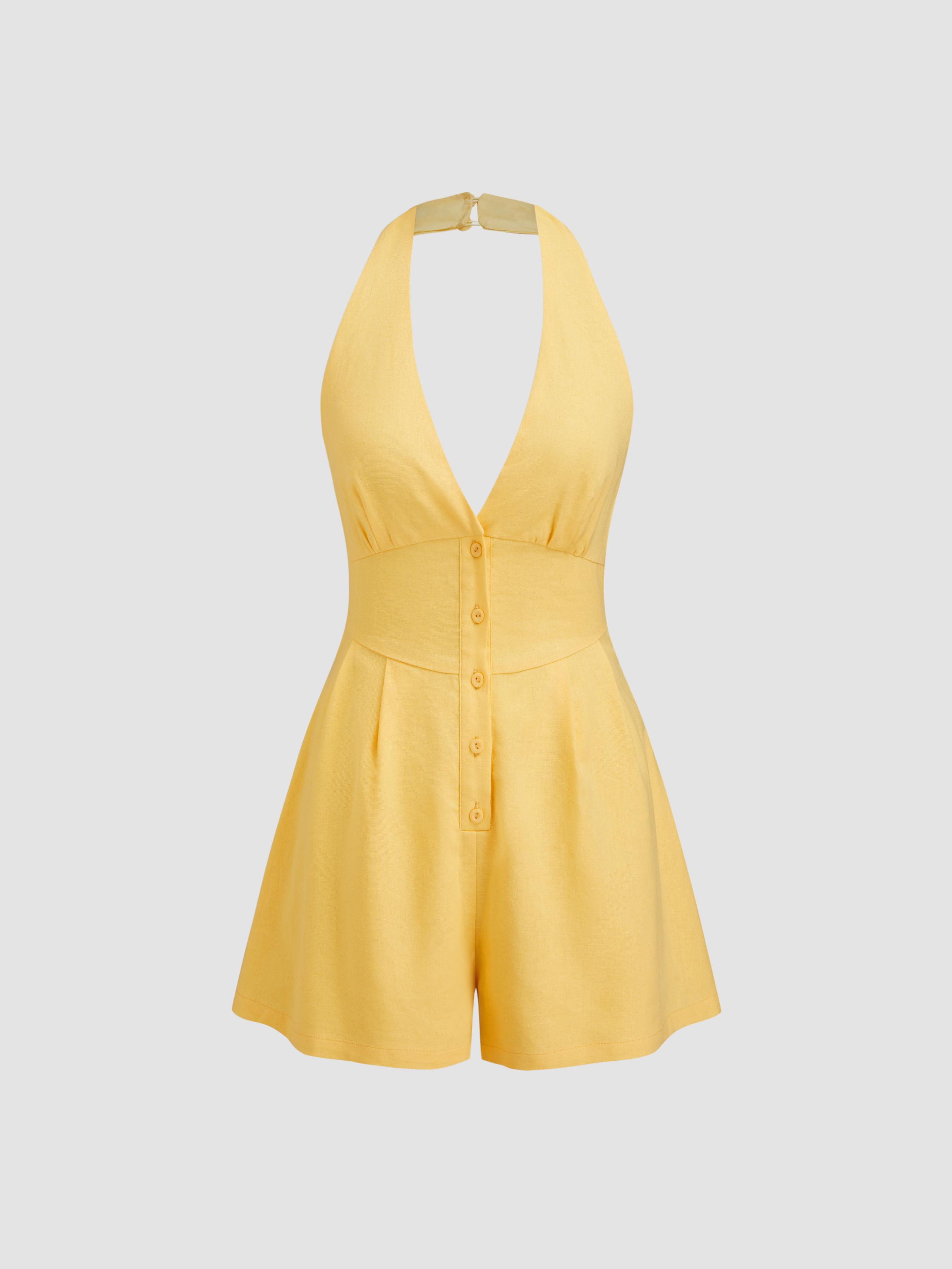 Linen-blend V-neck Button Bowknot Backless Romper by CIDER