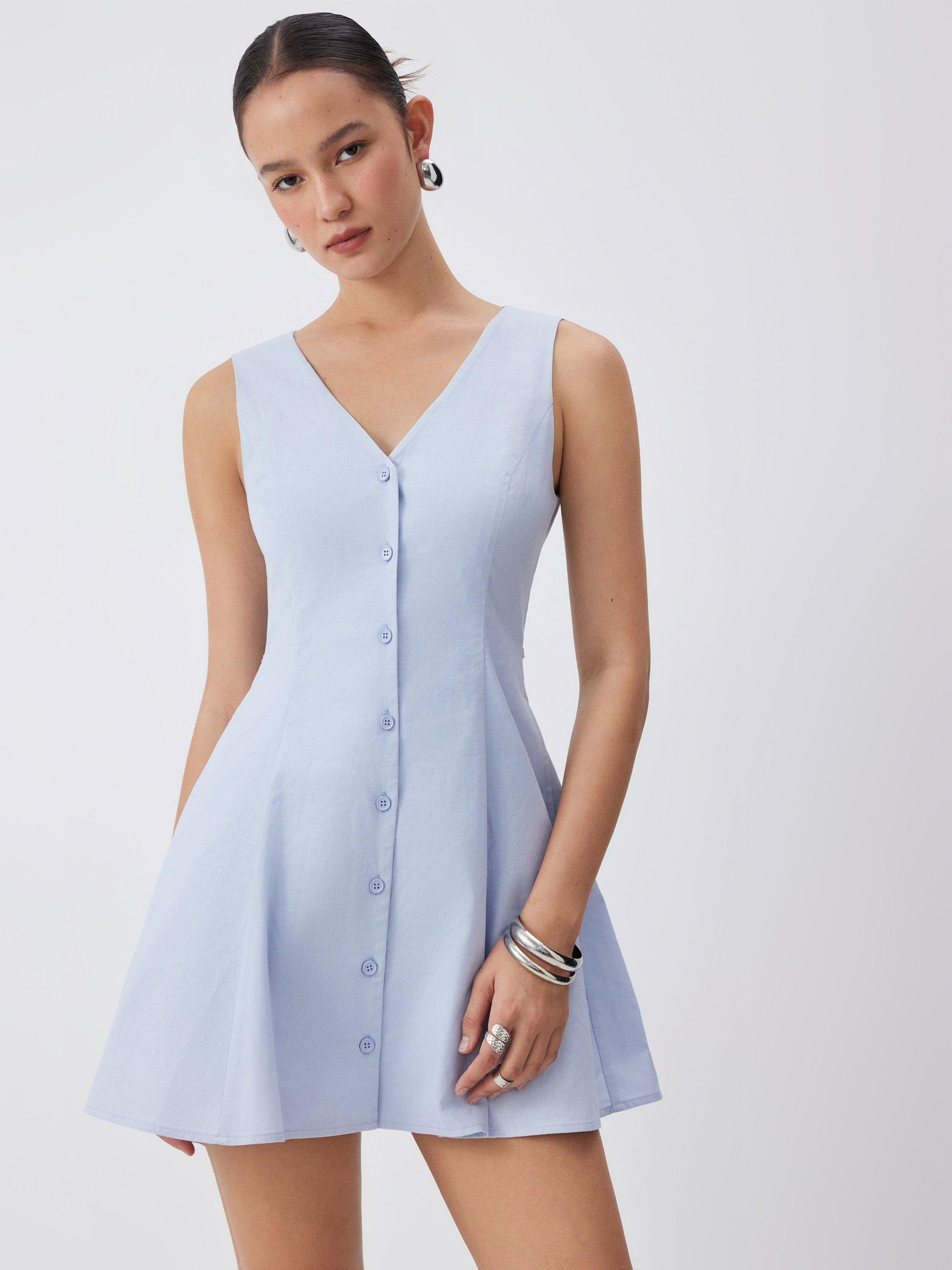 Linen-blend V-neck Button Through Tie Back A-line Mini Dress by CIDER