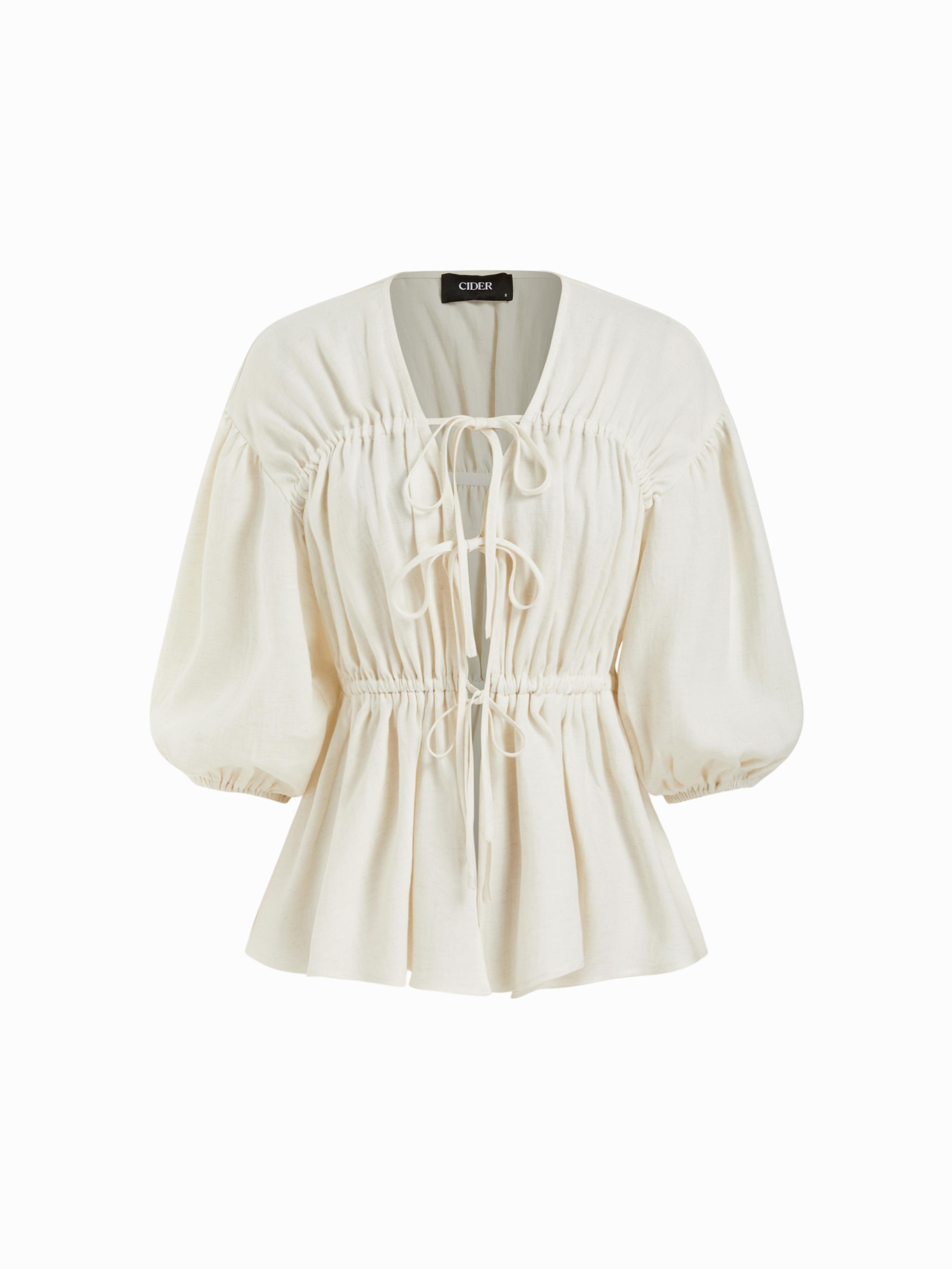 Linen-blend V-neck Drawstring Puff Middle Sleeve Oversized Blouse by CIDER