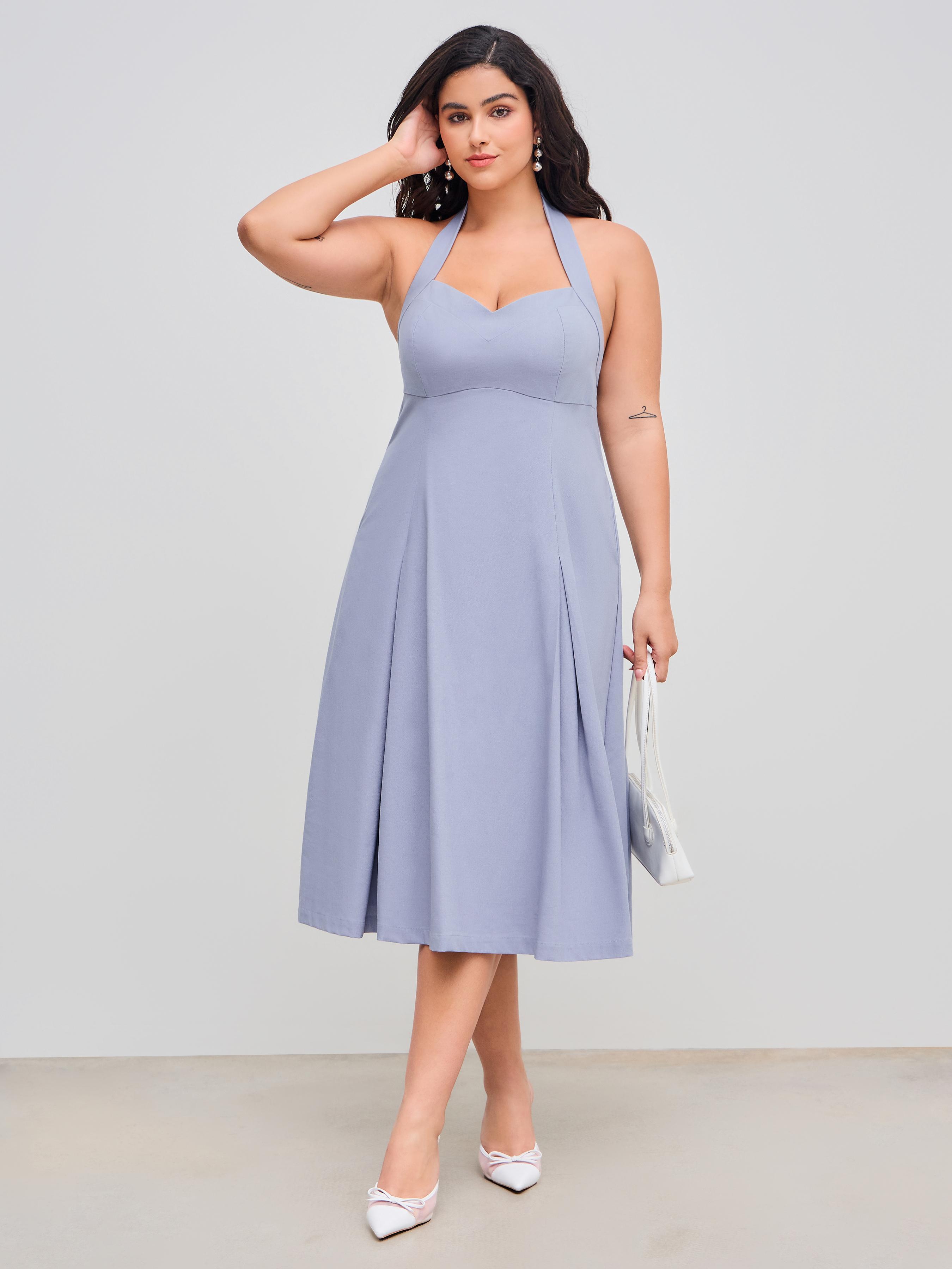 Linen-blend V-neck Halter Solid Pocket Midi Dress Curve & Plus by CIDER