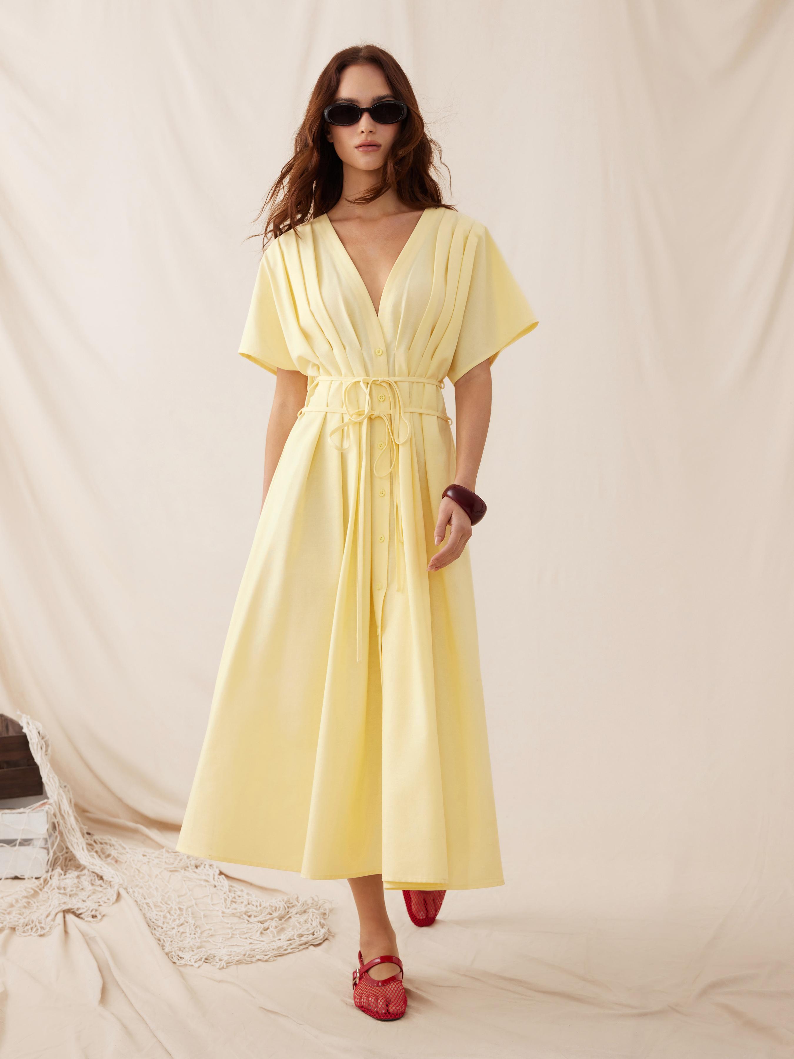 Linen-blend V-neck Pleated Knotted A-line Maxi Dress by CIDER