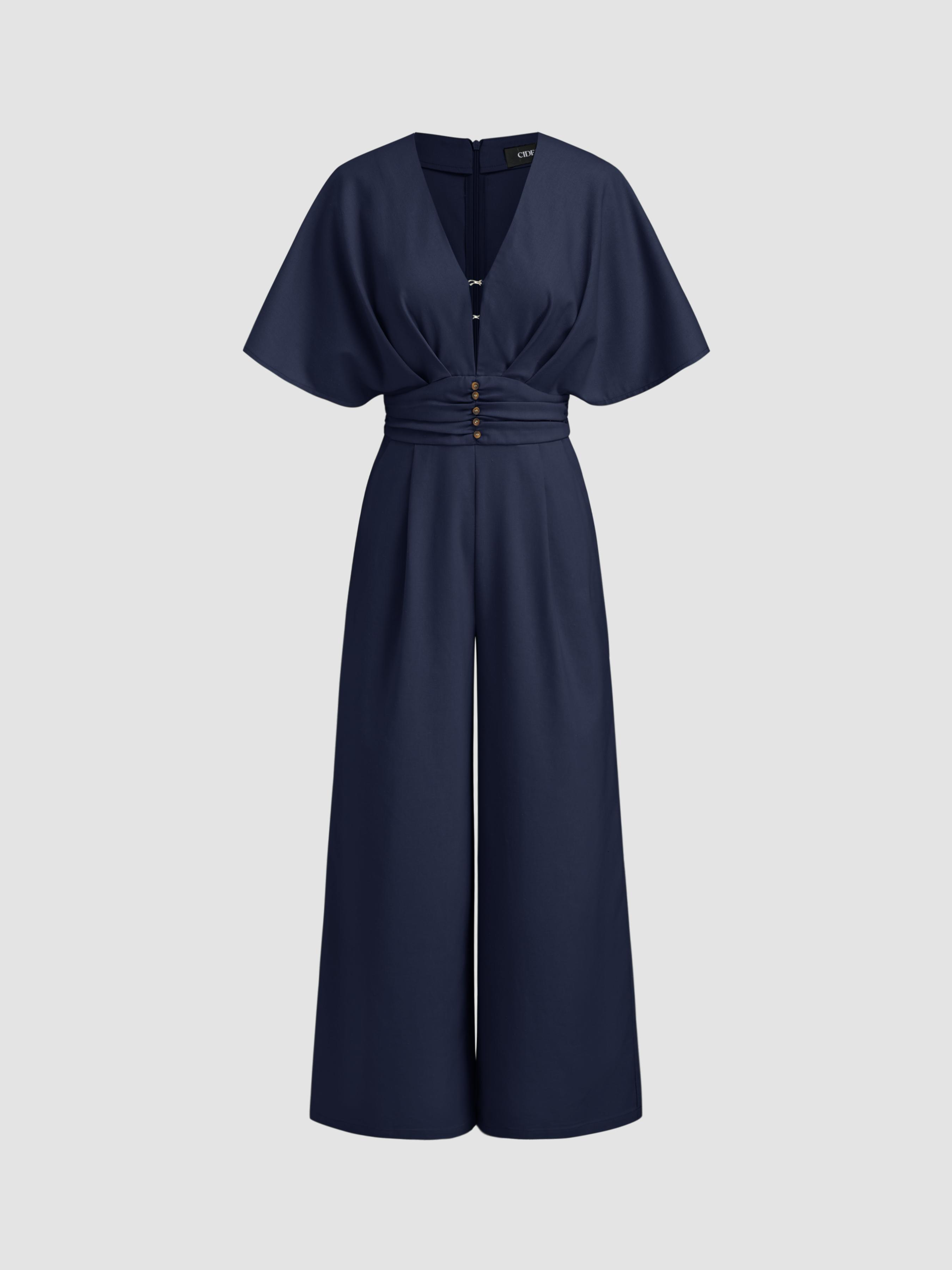 Linen-blend V-neck Ruched Dolman Sleeve Jumpsuit by CIDER