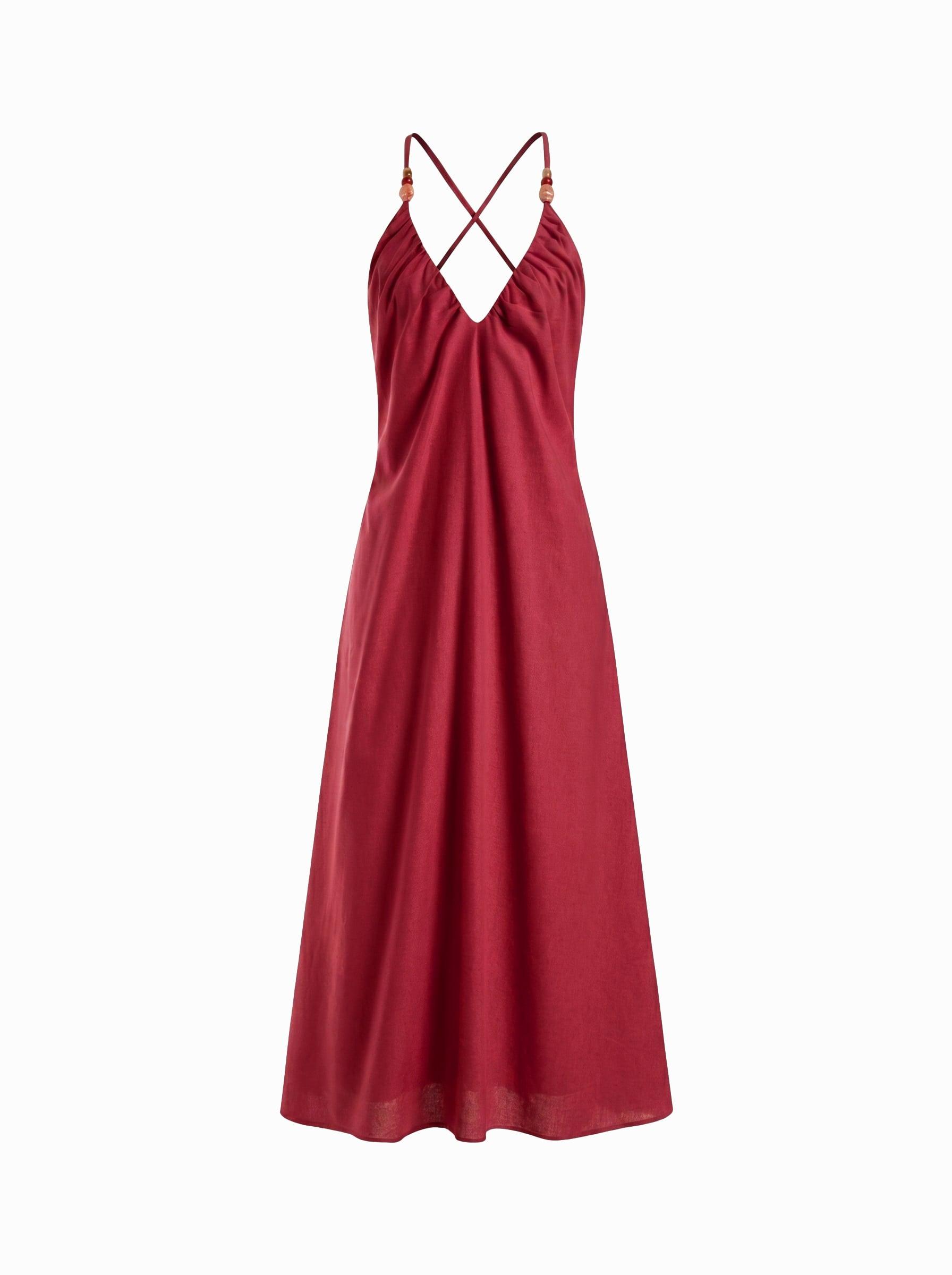 Linen-blend V-neck Ruched Flared Maxi Dress by CIDER