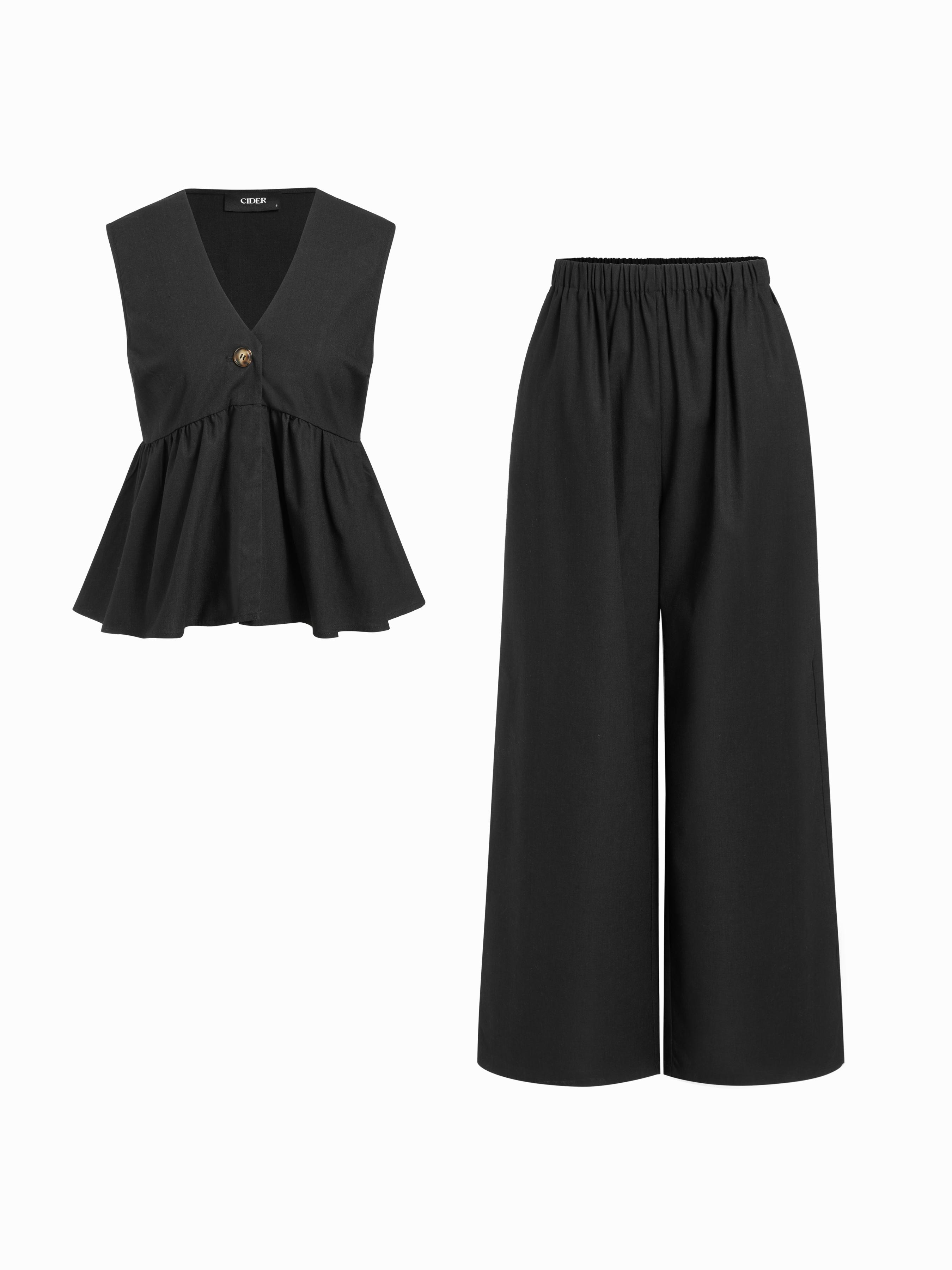 Linen-blend V-neck Ruched Peplum Top & Mid Rise Wide Leg Trousers Set by CIDER