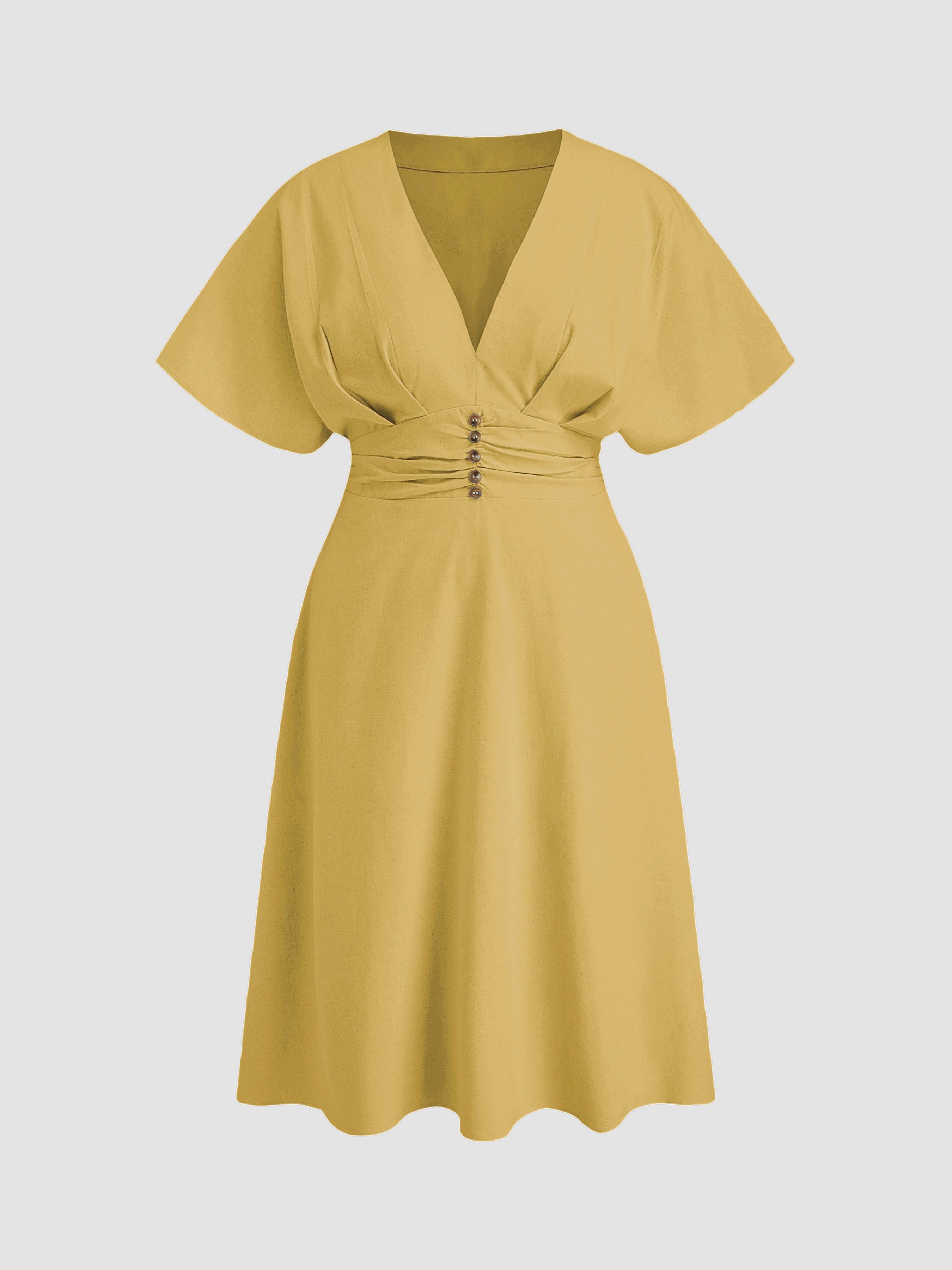 Linen-blend V-neck Ruffle Ruched Midi Dress Curve & Plus by CIDER