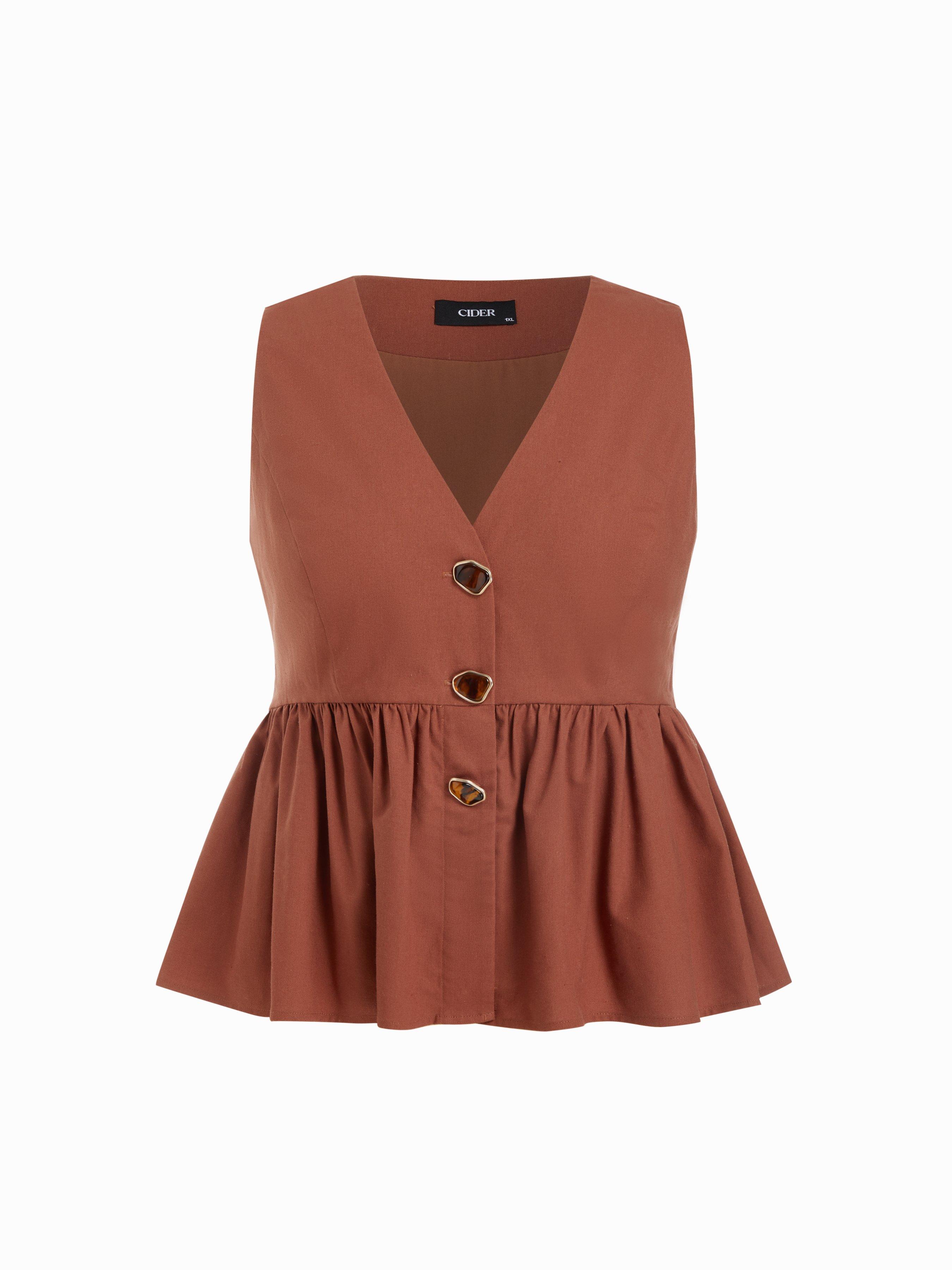 Linen-blend V-neck Ruffled Peplum Metal Detail Blazer Vest Curve & Plus by CIDER