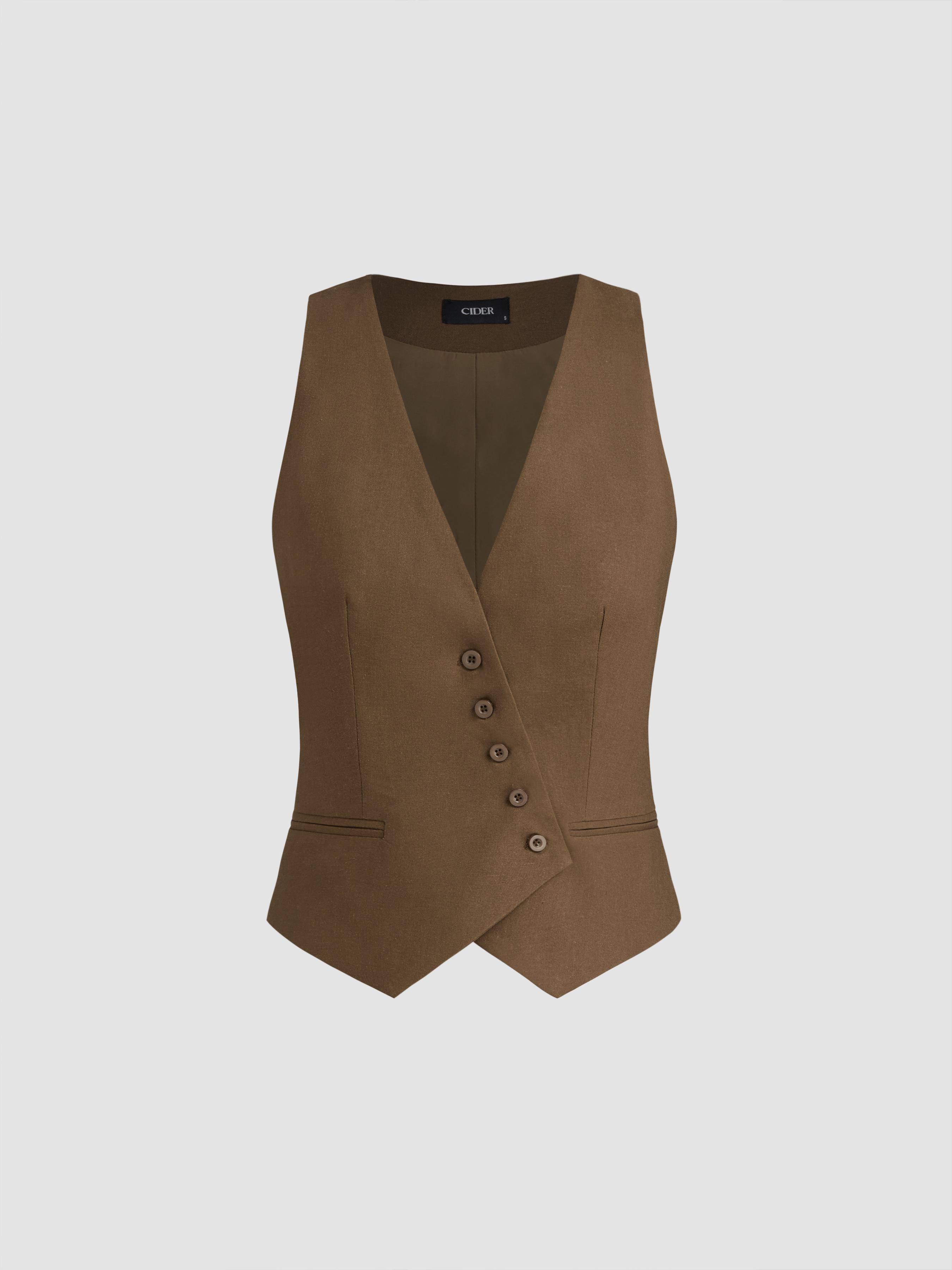 Linen-blend V-neck Solid Button Jacket Vest by CIDER