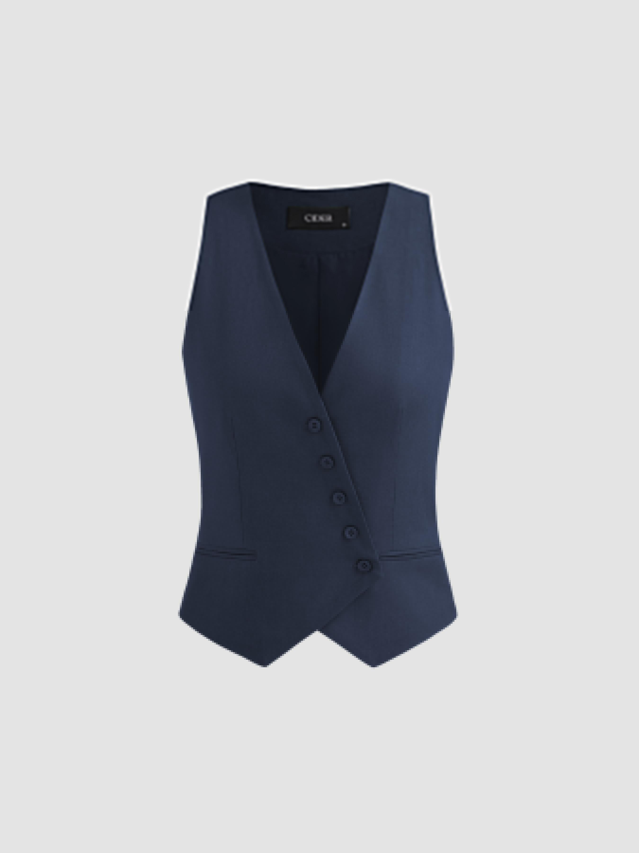 Linen-blend V-neck Solid Button Jacket Vest by CIDER