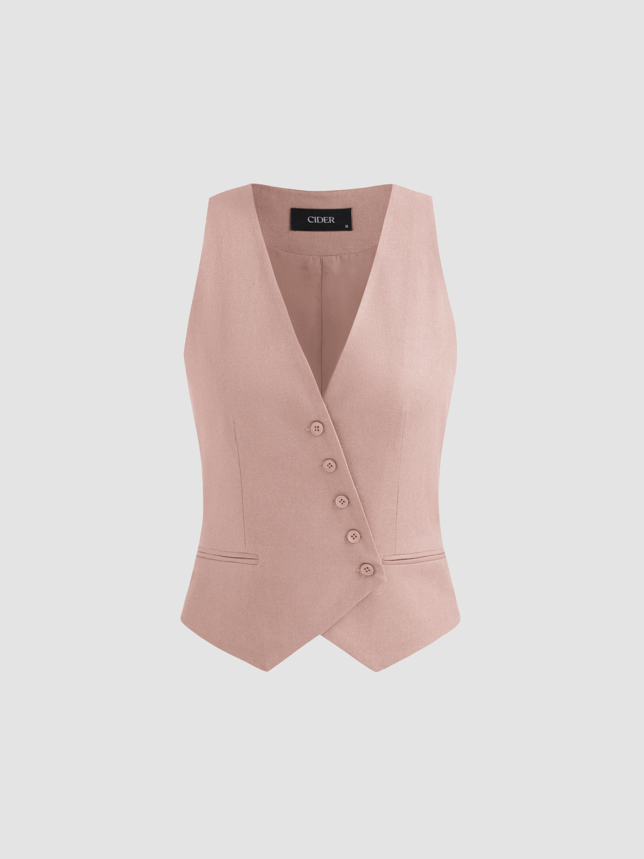 Linen-blend V-neck Solid Button Jacket Vest by CIDER