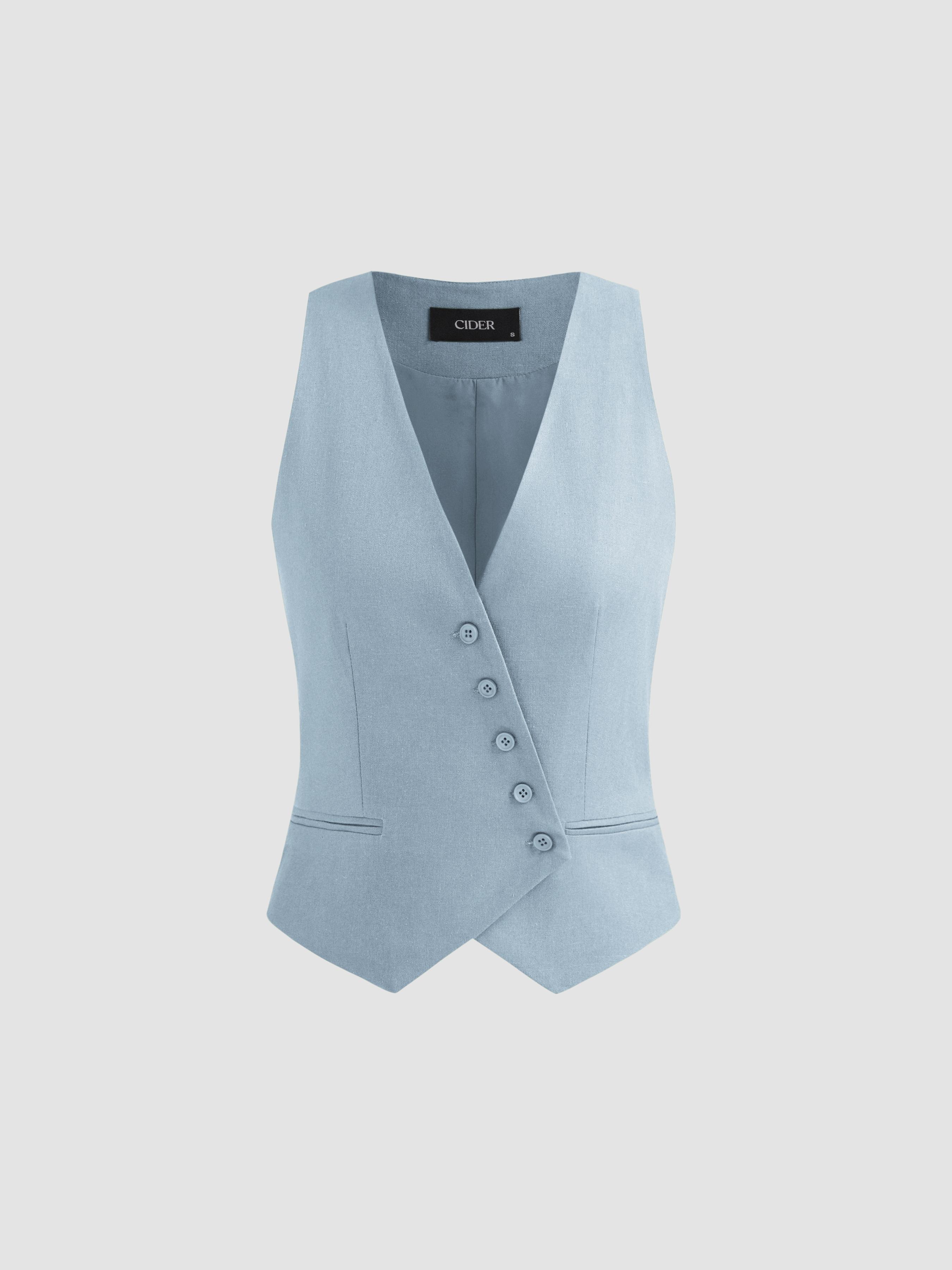Linen-blend V-neck Solid Button Jacket Vest by CIDER